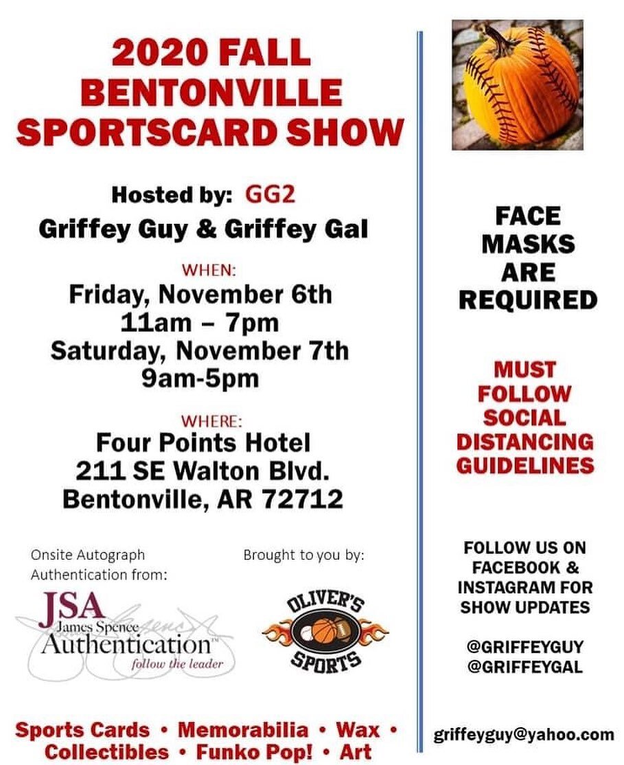 November Card Show in Bentonville. Hopefully @when_it_was_a_game will set up at least on Friday. Mark your calendars. @griffeyguy @griffey.gal #bentonvillearkansas #whenitwasagame #sportscards