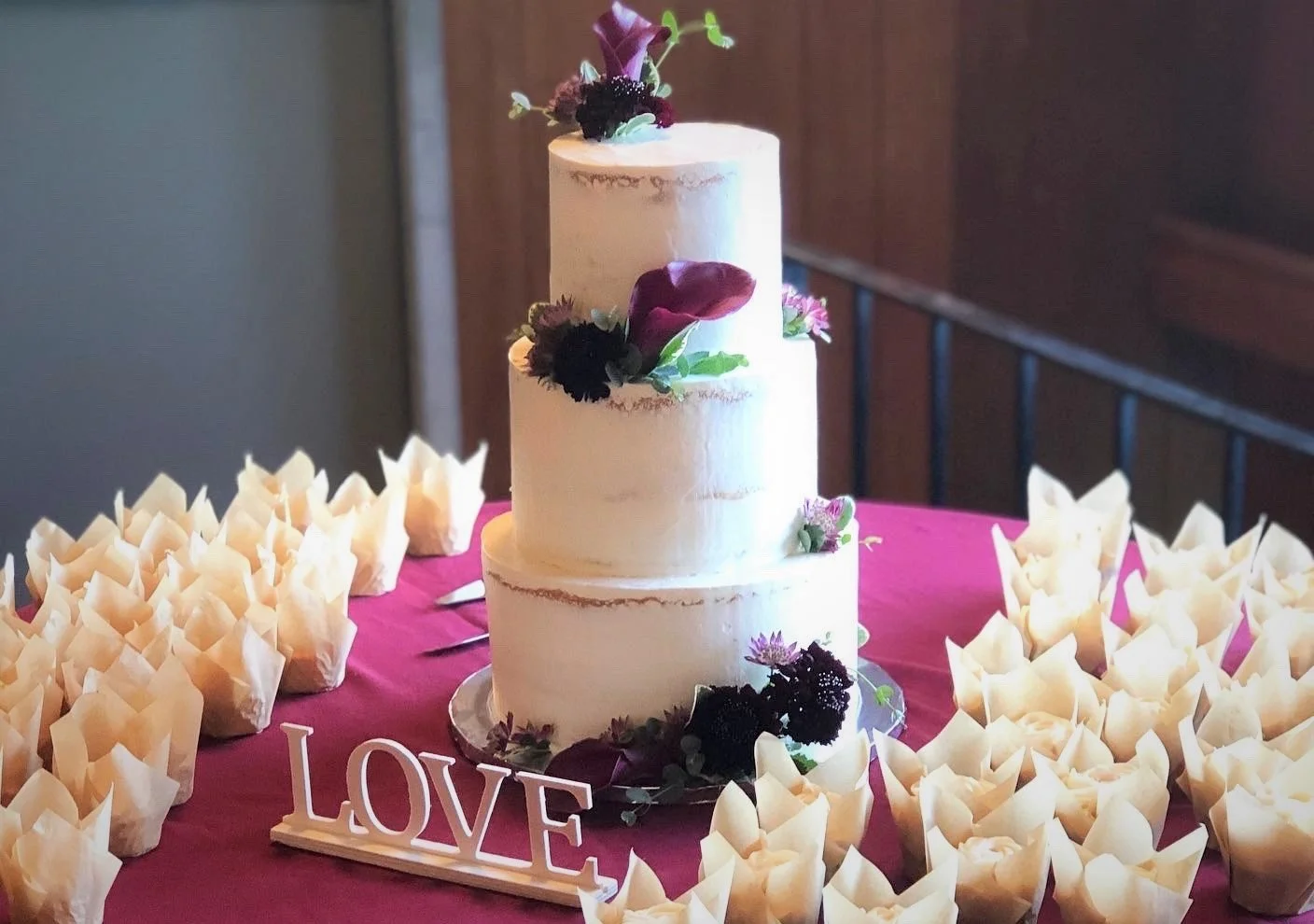 3 tier purple flower w dessert bar (2).JPG