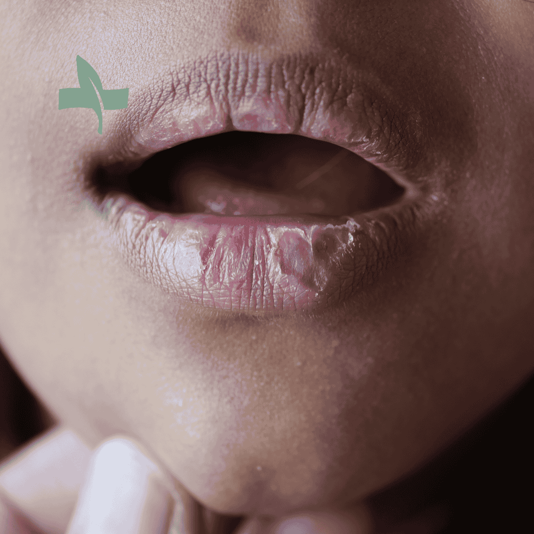 Chapped lips with peeling and cracked skin, showing signs of dryness and irritation.