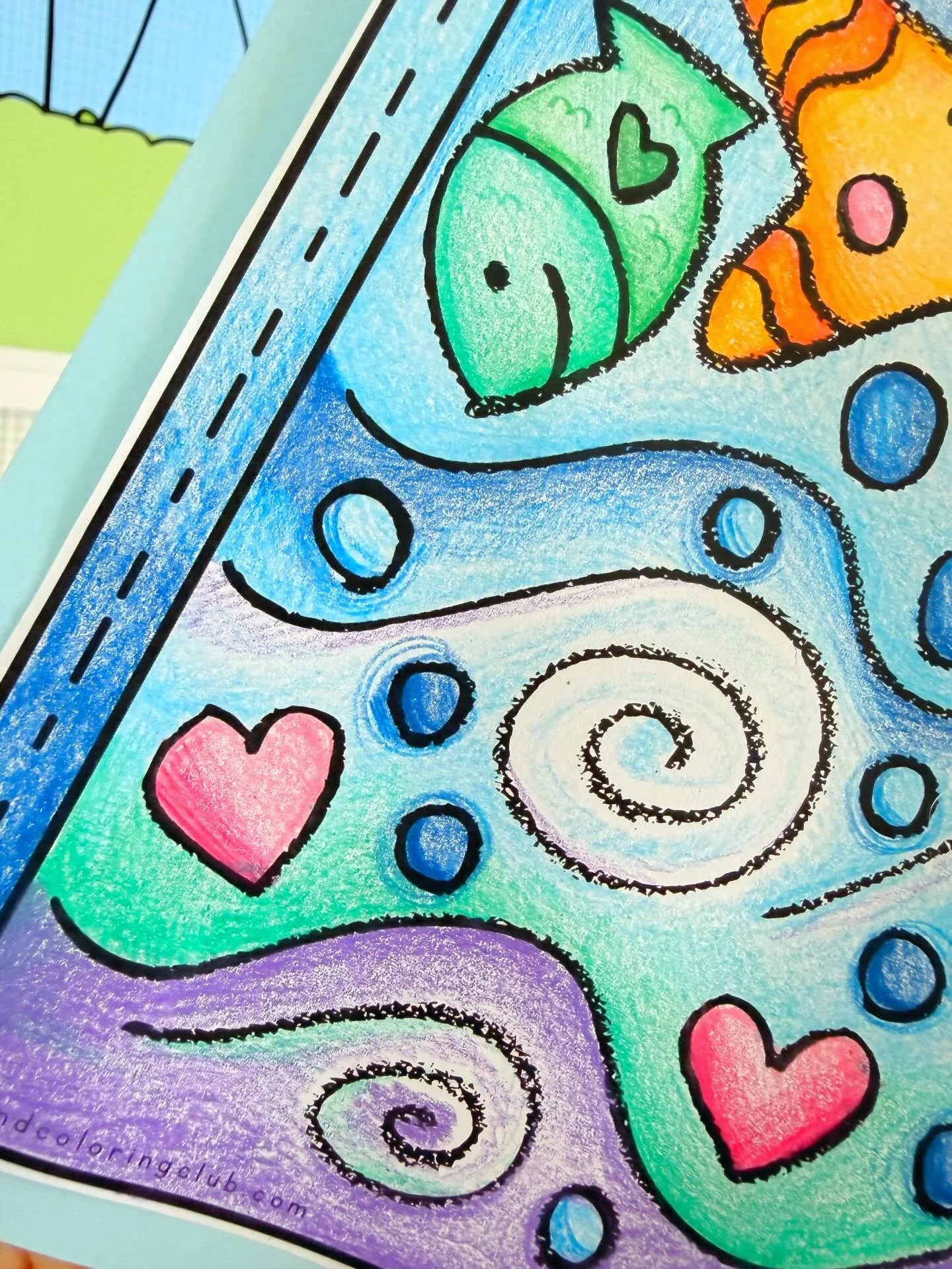 Stars, fish, and swirling water ✨💙

Crayon texture magic, pencil-friendly too.

Blues, purples, and greens with a warm starfish glow&mdash;now in the Pond Coloring Club and ready to color!