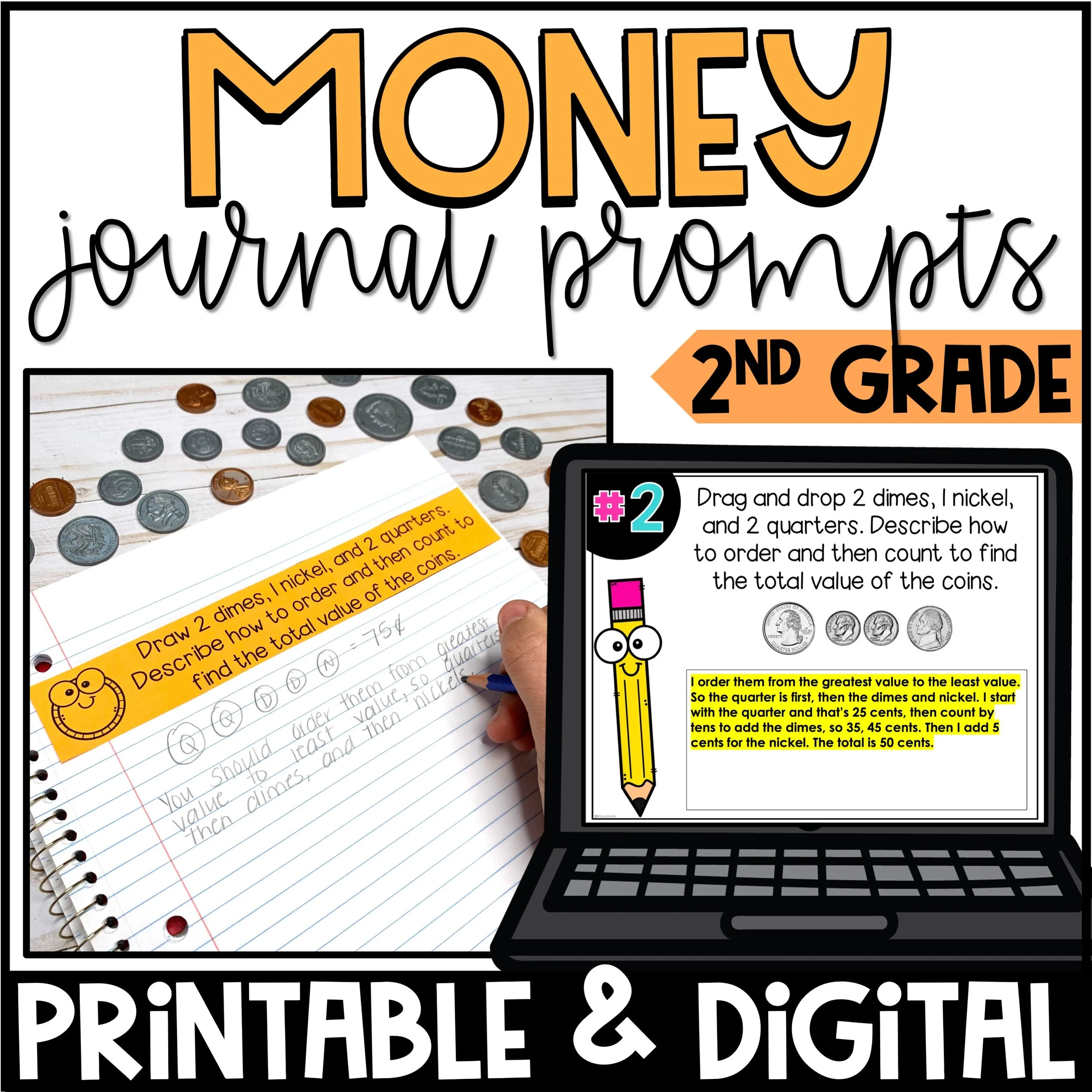 Money and Coins Math Journal Prompts - 2nd Grade