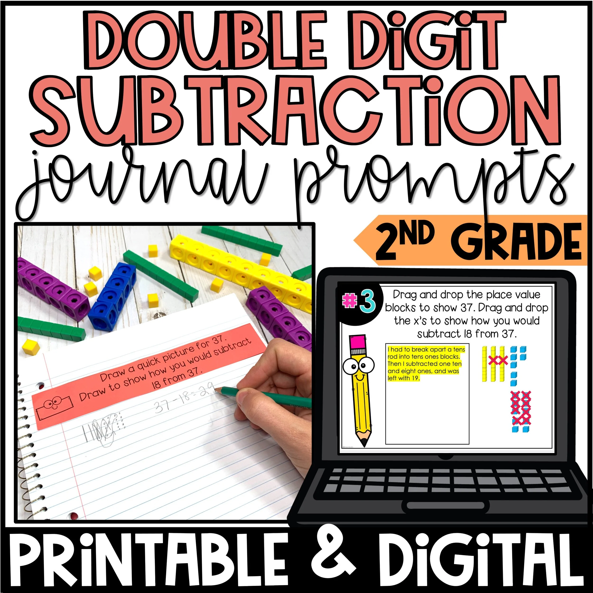 2-Digit Subtraction Math Journal Prompts - 2nd Grade