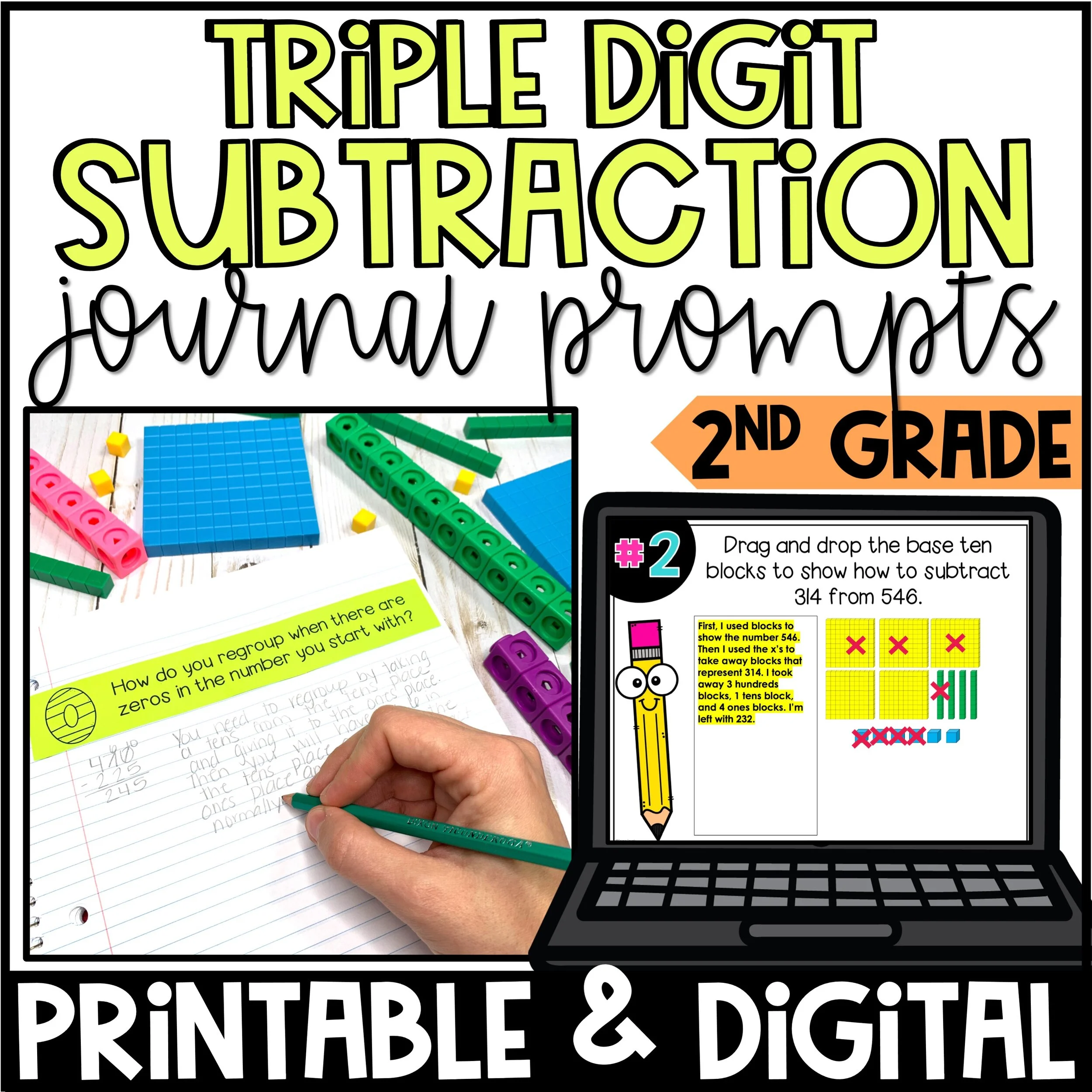 3-Digit Subtraction Math Journal Prompts - 2nd Grade