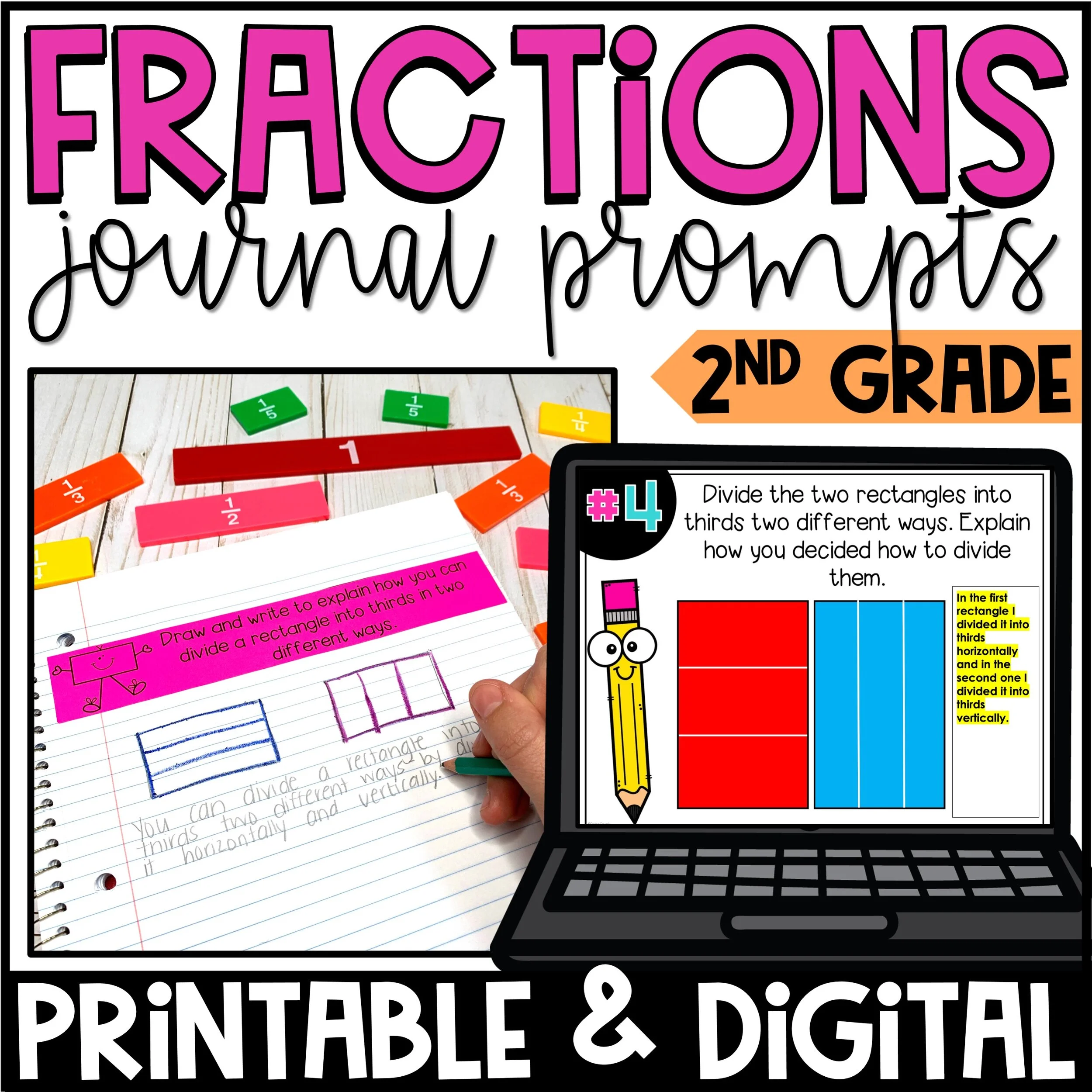 Fractions and Arrays Math Journal Prompts - 2nd Grade