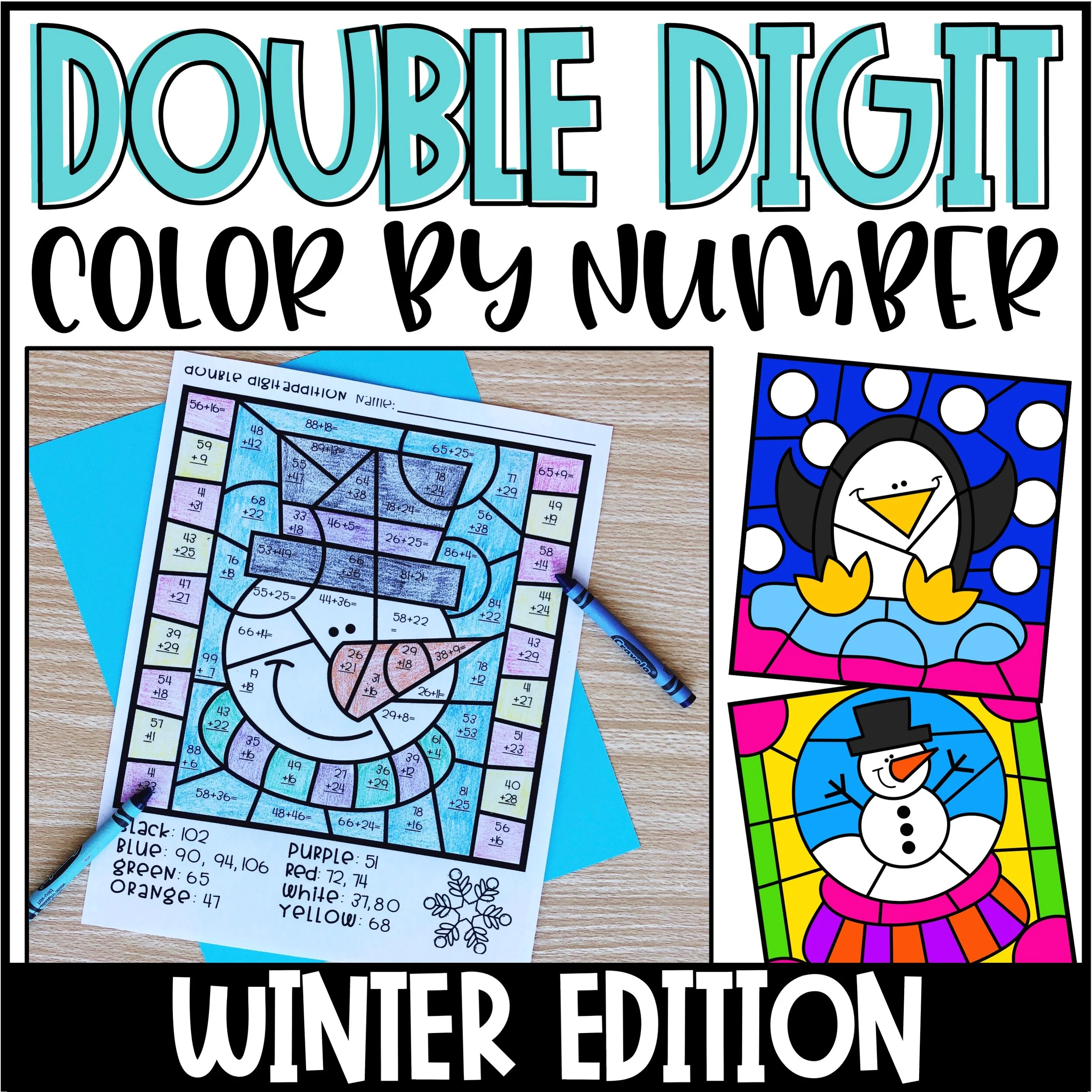 Winter Color by Number Double Digit Addition & Subtraction