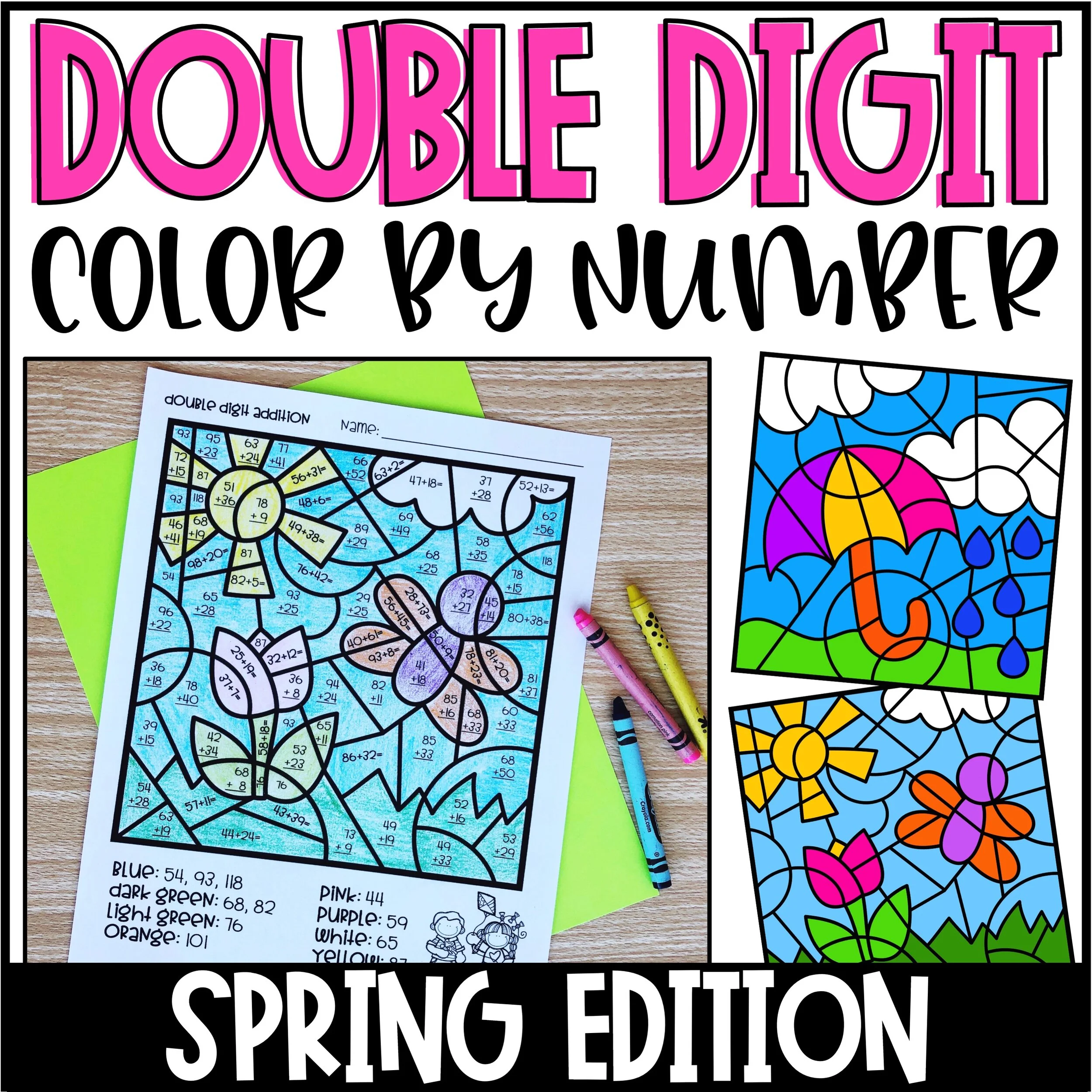 Spring Color by Number Double Digit Addition & Subtraction