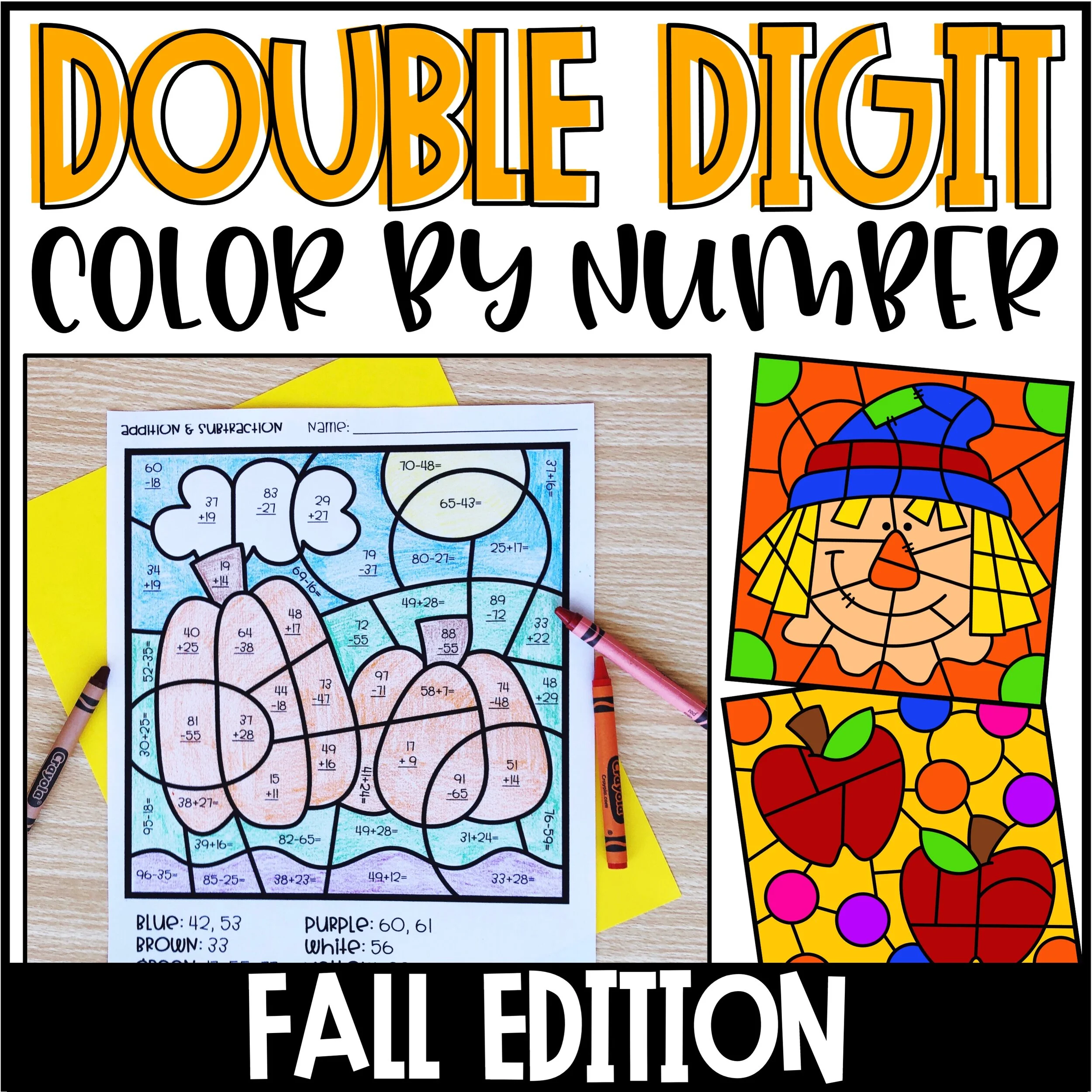 Fall Color by Number Double Digit Addition & Subtraction