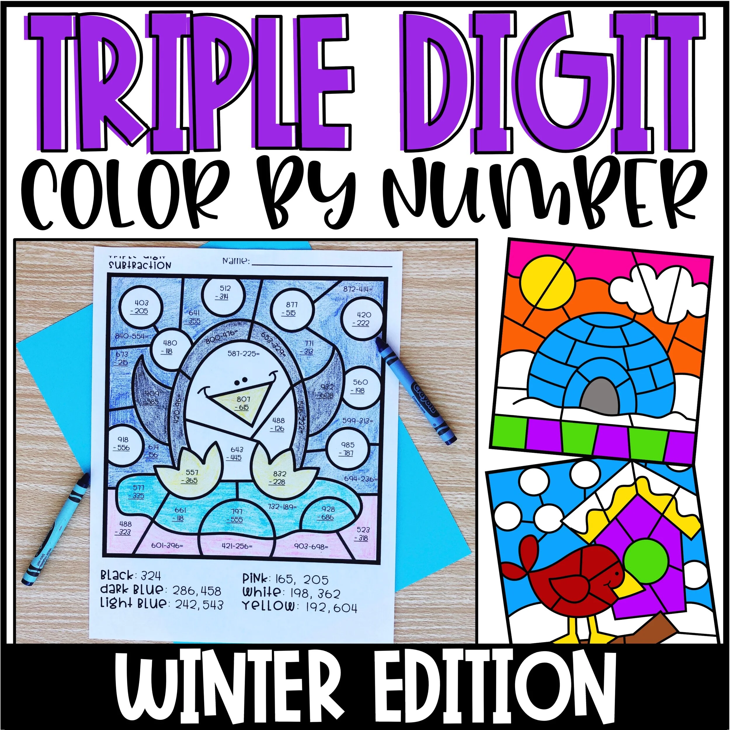 Winter Color by Number Triple Digit Addition & Subtraction