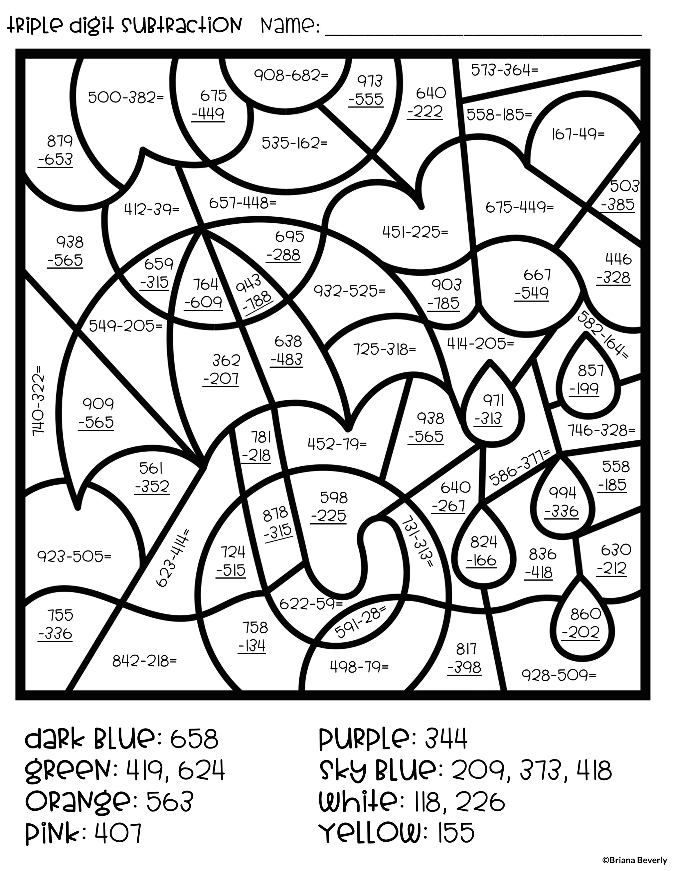 spring color by number triple digit addition subtraction teaching with briana beverly
