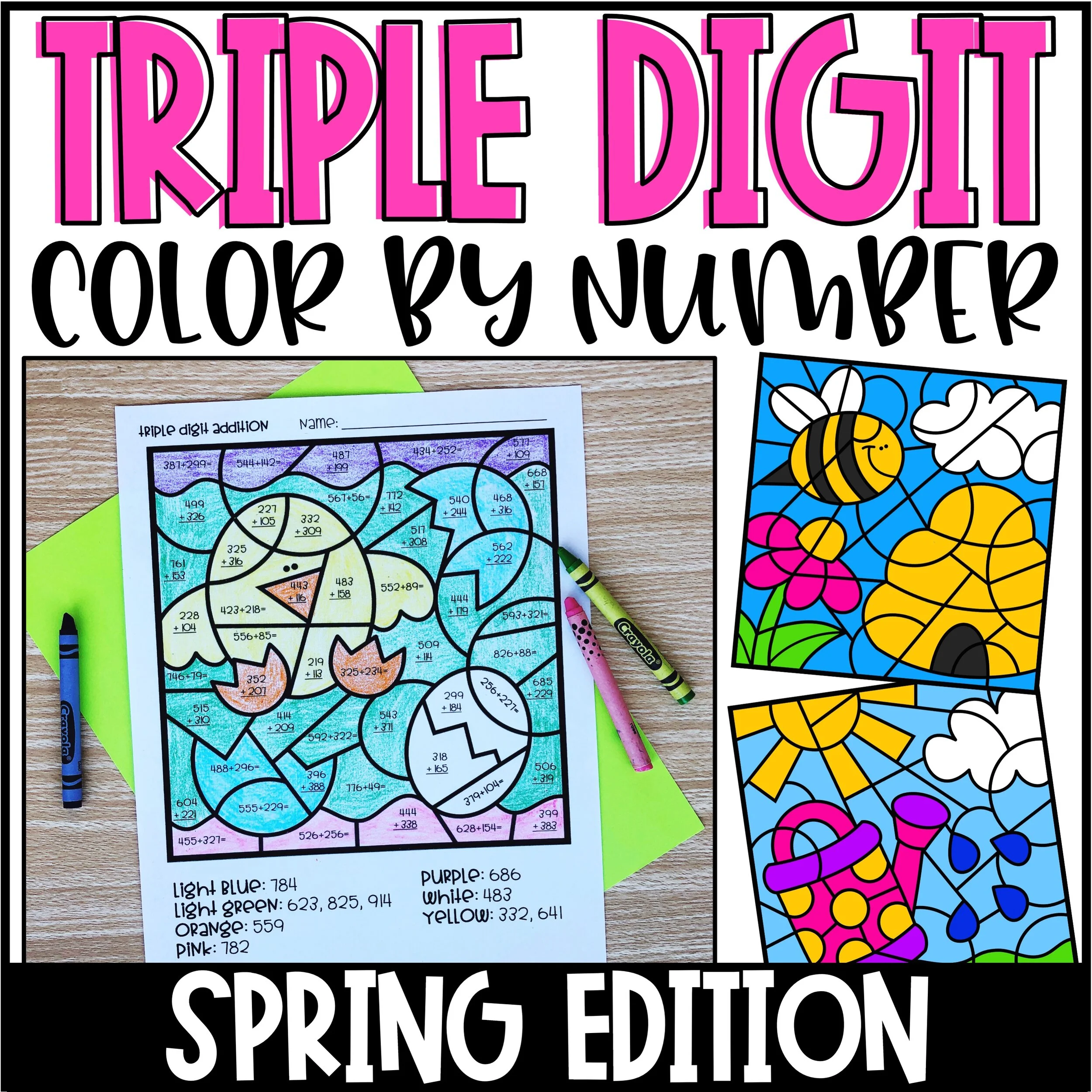 Spring Color by Number Triple Digit Addition & Subtraction