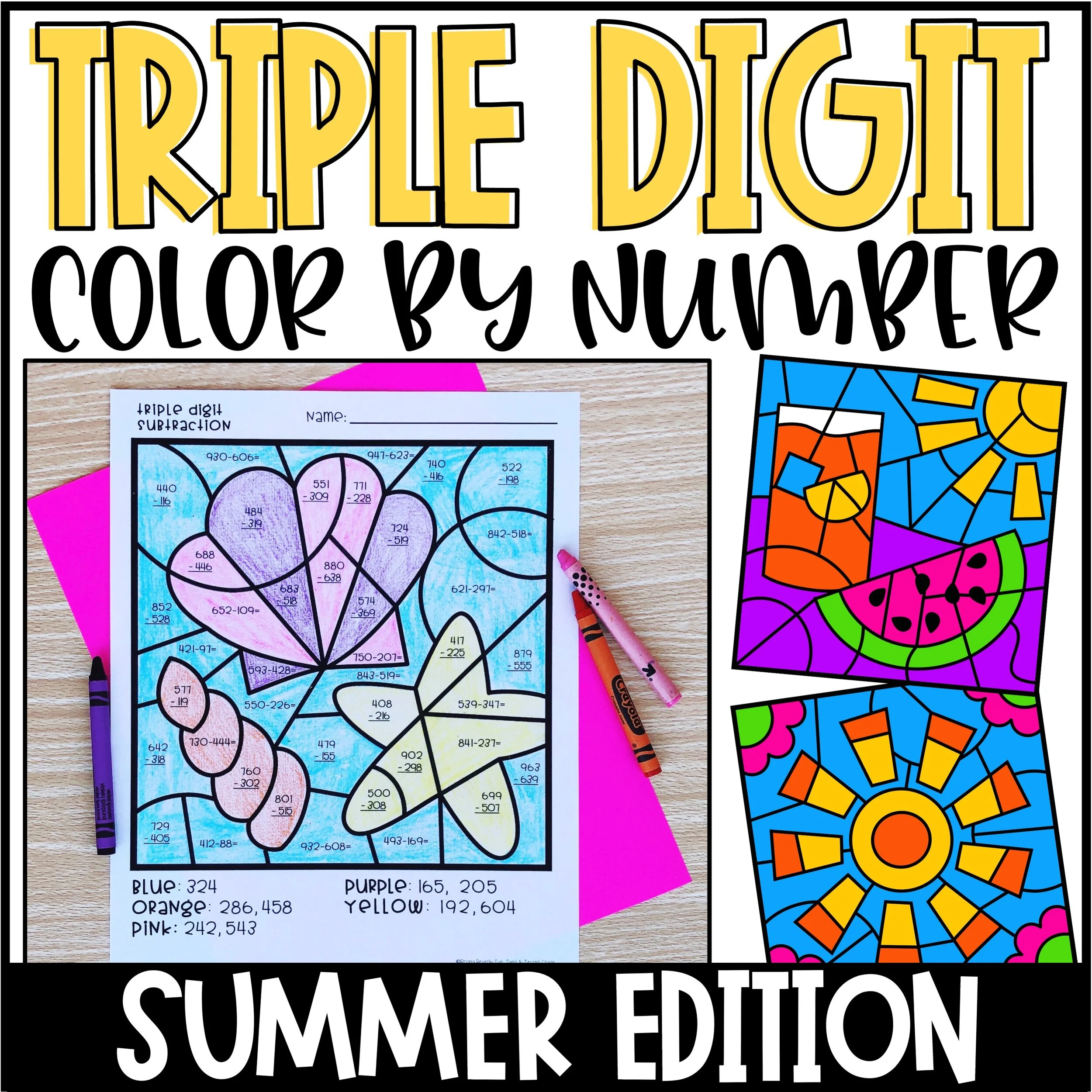 Summer Color by Number Triple Digit Addition & Subtraction