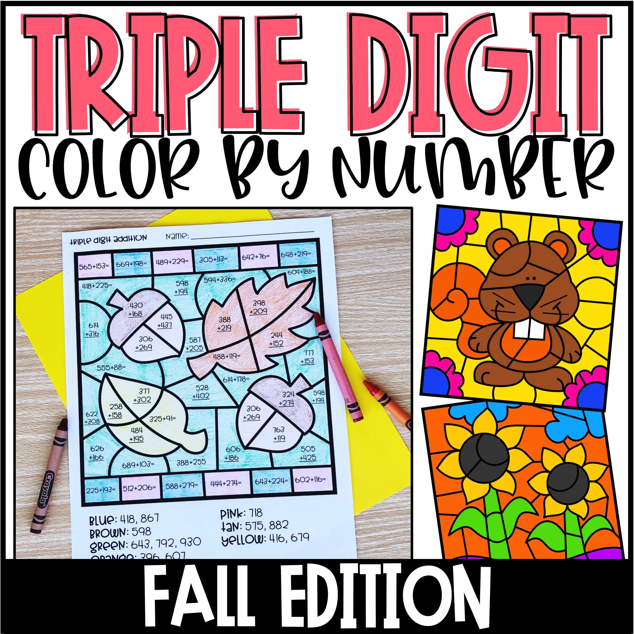 Fall Color by Number Triple Digit Addition & Subtraction