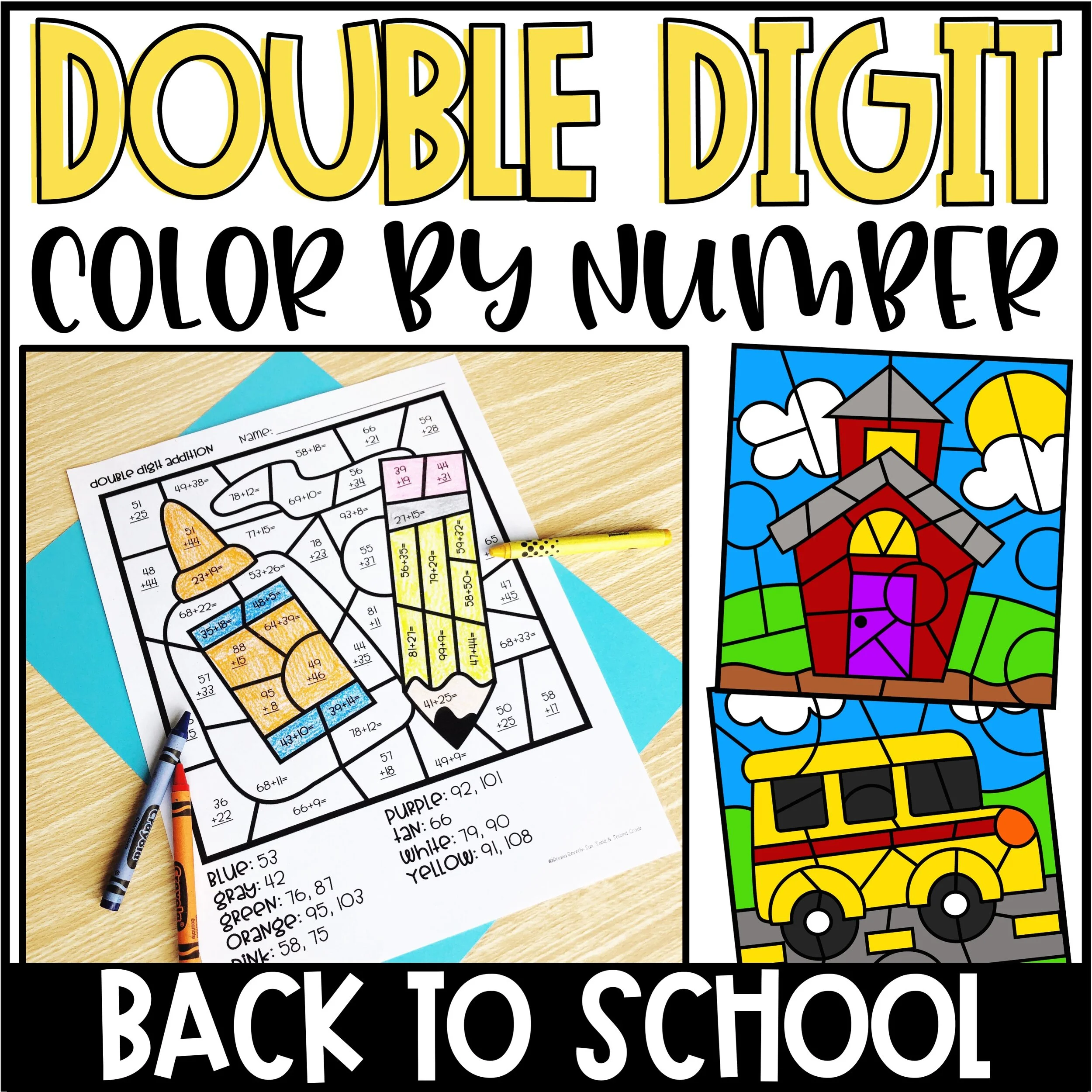 Back to School Color by Number Double Digit Addition & Subtraction
