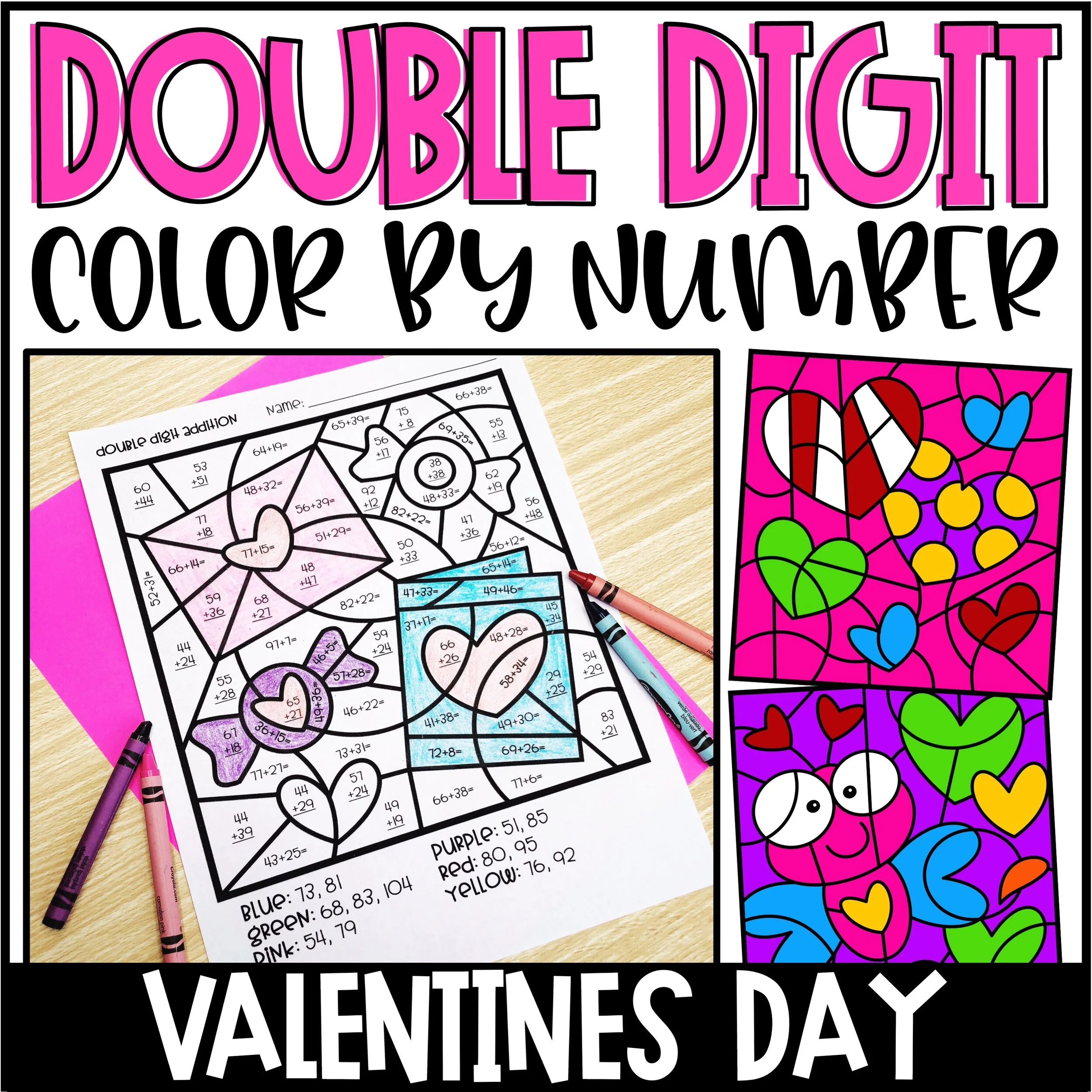 Valentines Day Color by Number Double Digit Addition & Subtraction
