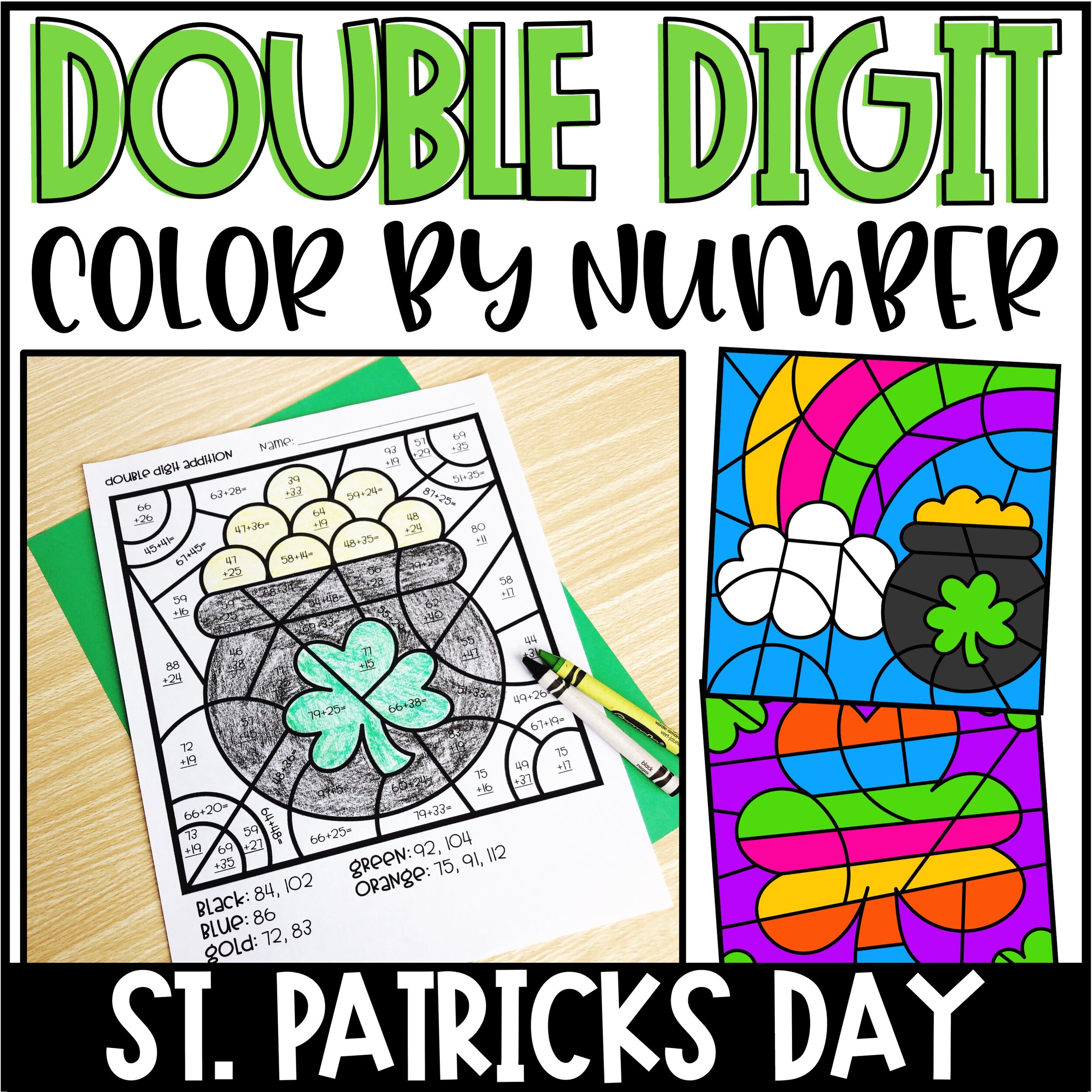 St. Patricks Day Color by Number Double Digit Addition & Subtraction