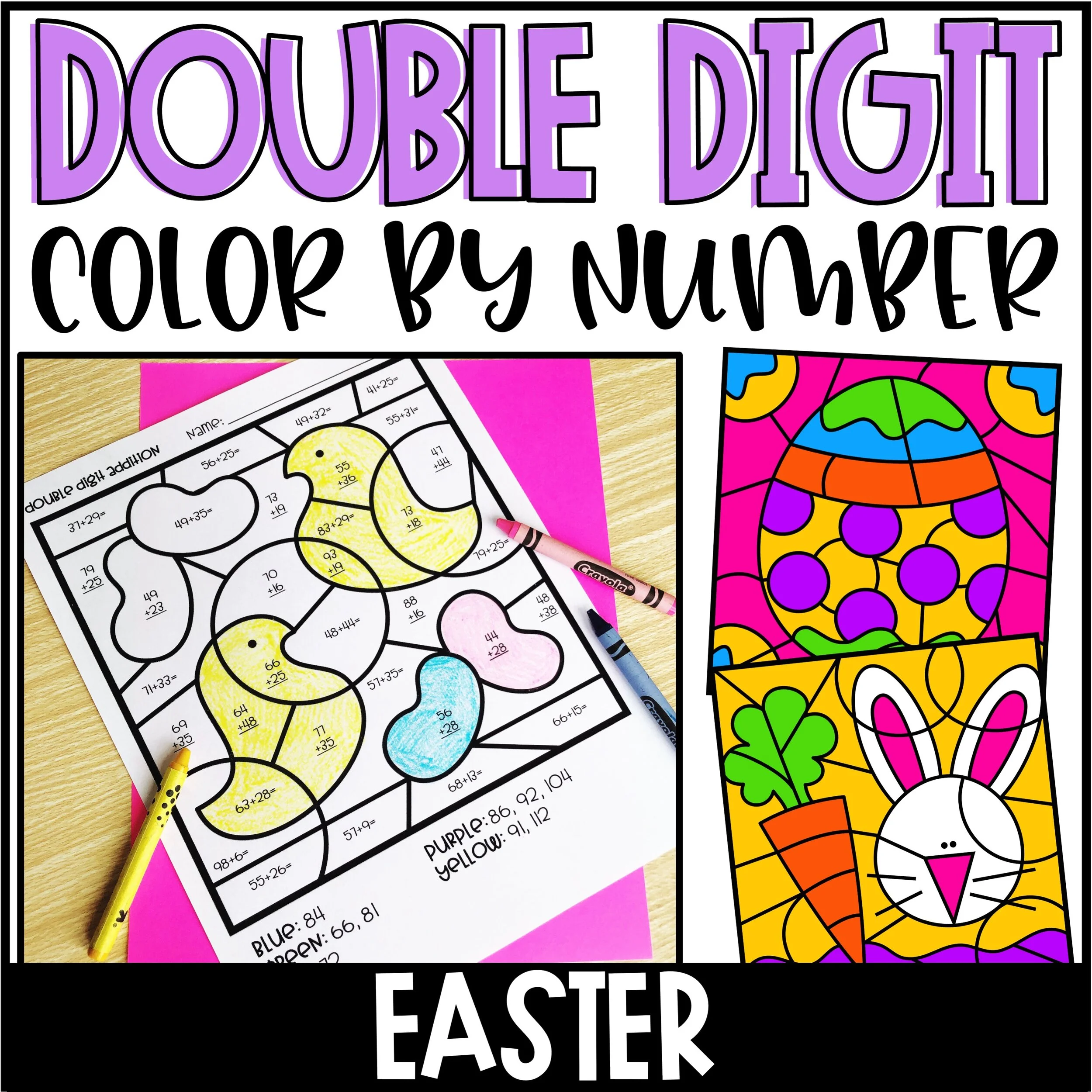 Easter Color by Number Double Digit Addition & Subtraction