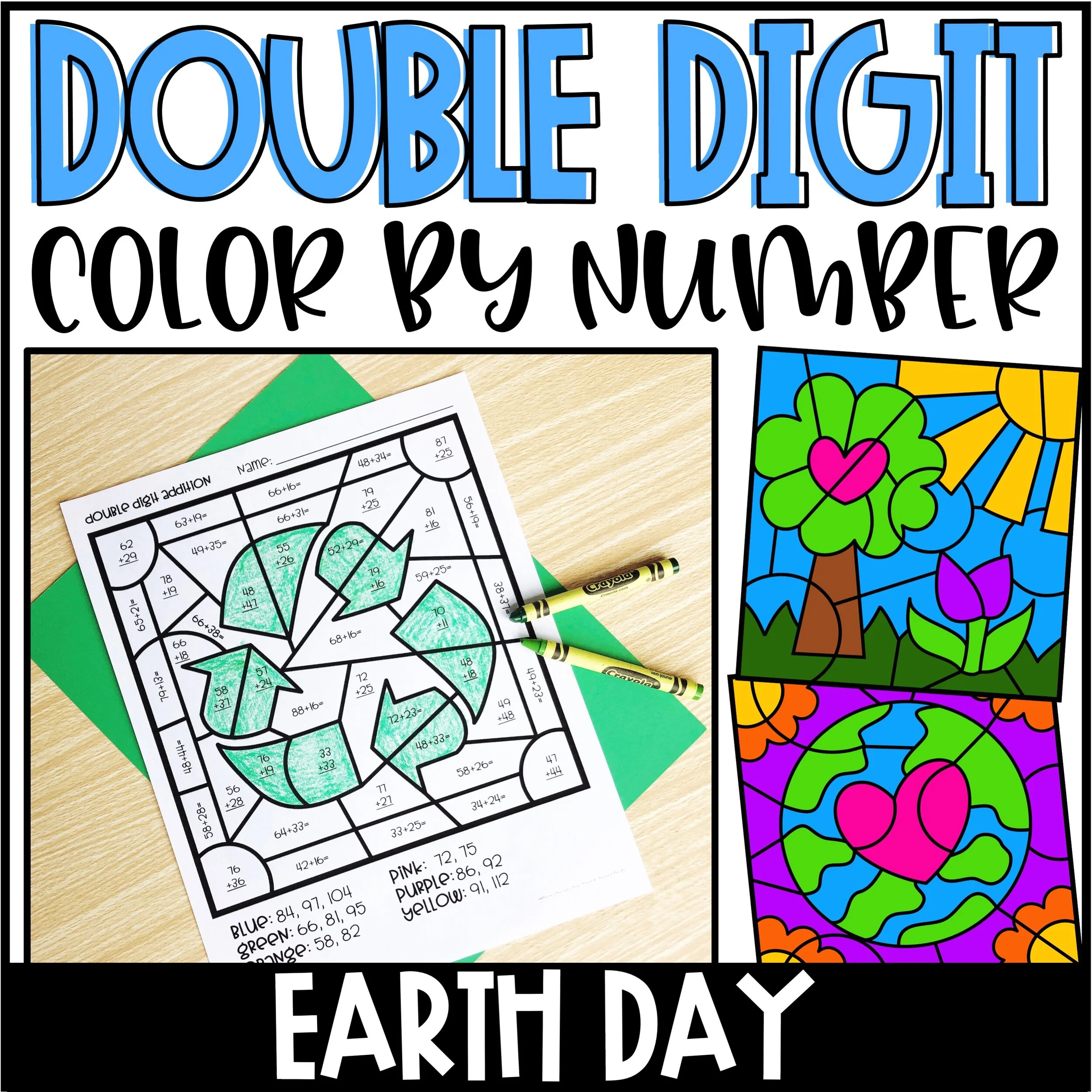 Earth Day Color by Number Double Digit Addition & Subtraction