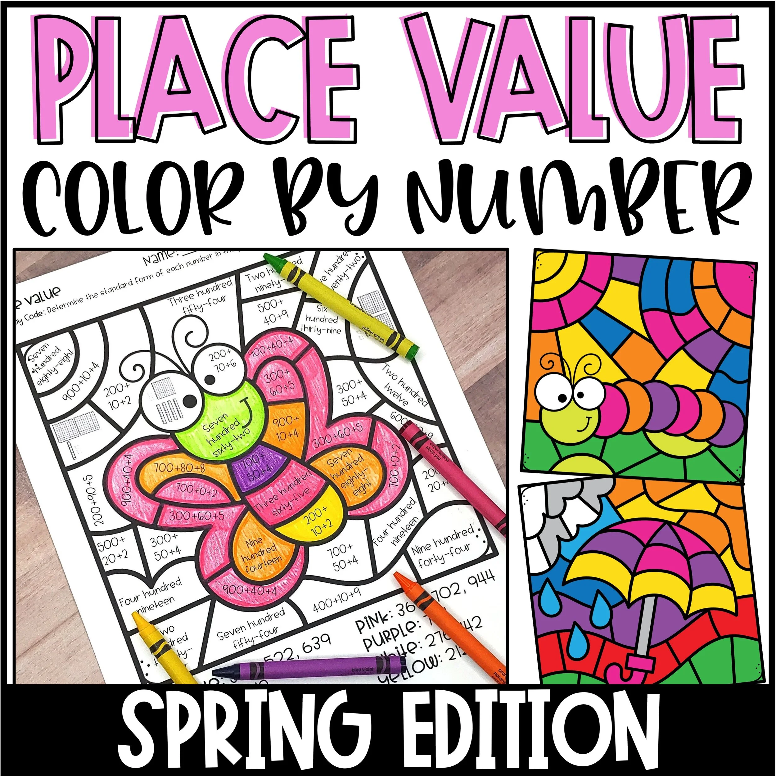 Color by Number Spring Place Value Worksheets