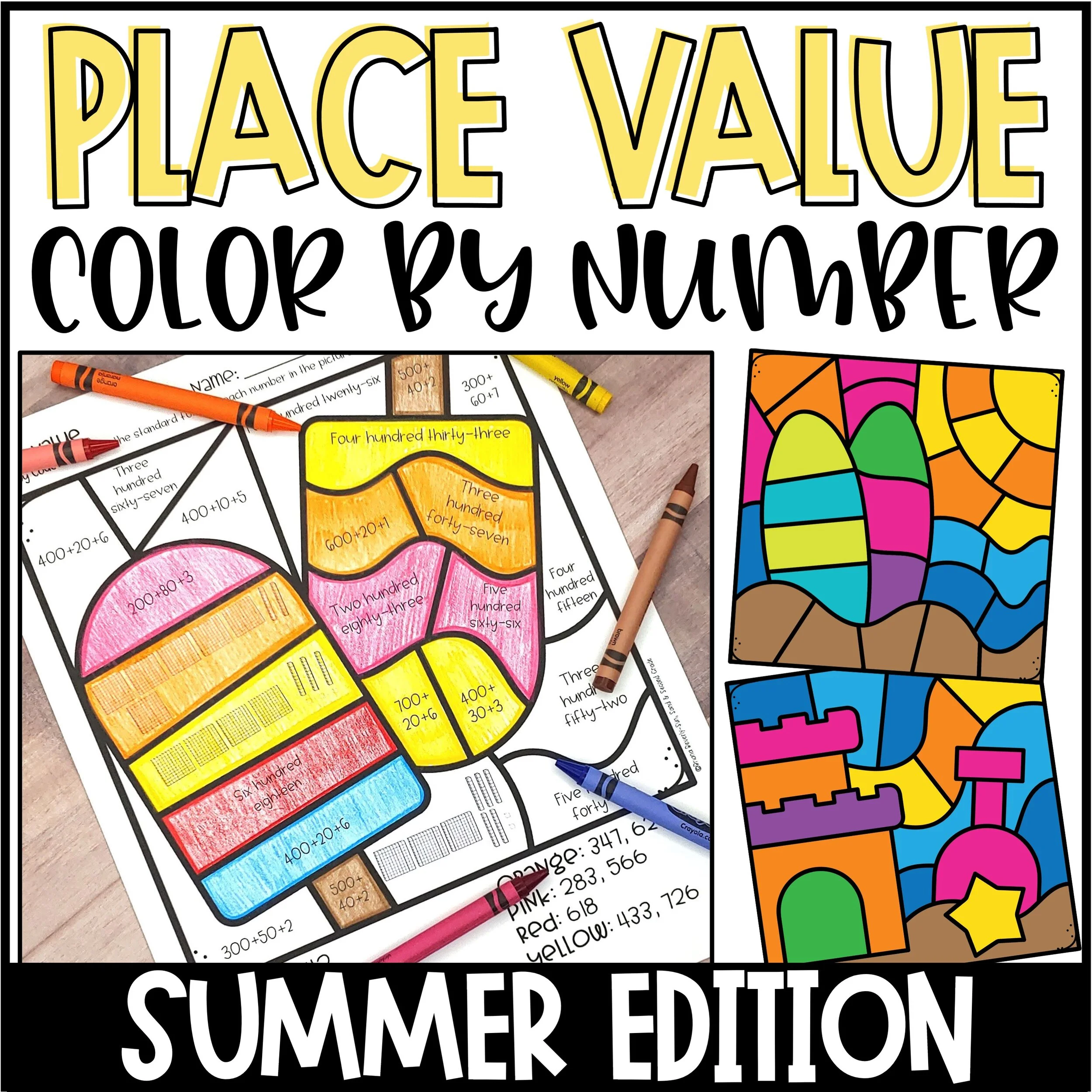Color by Number Summer Place Value Worksheets