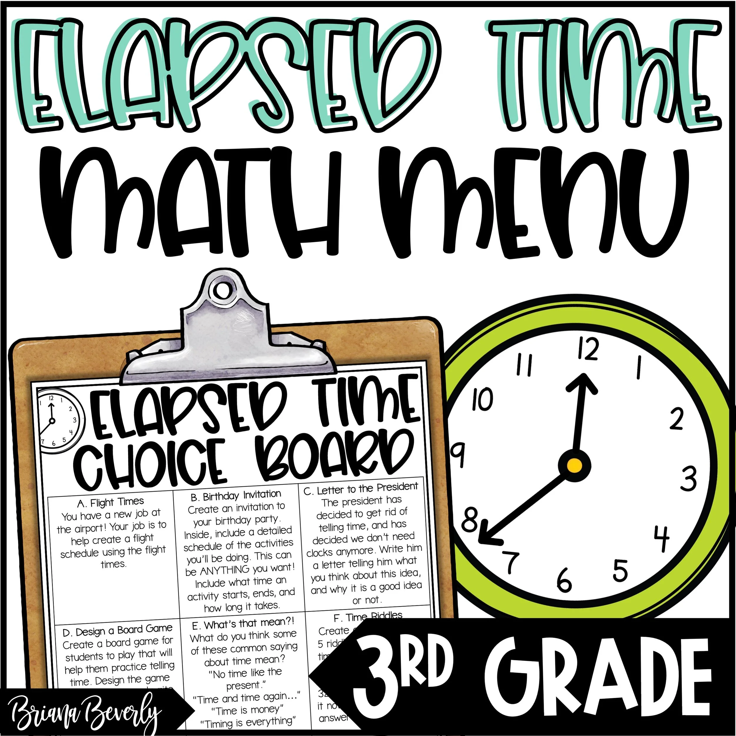 Elapsed Time Enrichment Activities - Math Menu, Choice Board