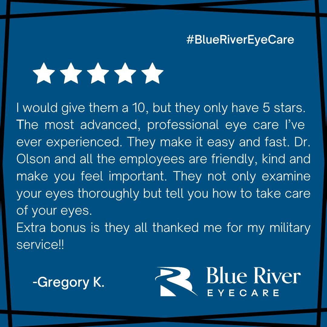 Thank you for the great review!

All active duty and retired military receive a discount at Blue River EyeCare - we thank you for your service! 🇺🇸