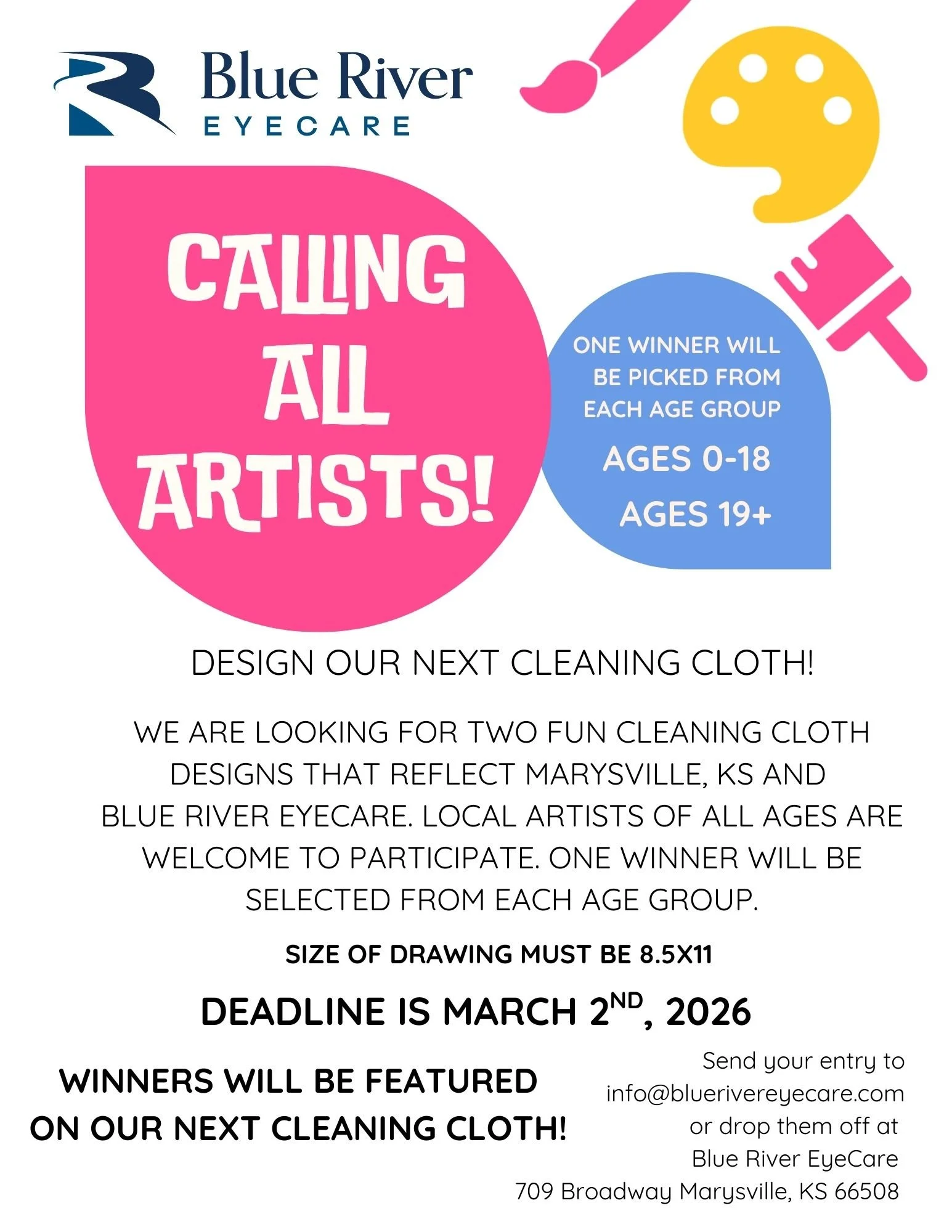 🎨✨ 3 Weeks Left to Enter! ✨🎨

Our Cleaning Cloth Design Contest is still going strong &mdash; and we want to see YOUR creativity shine!

Whether you&rsquo;re a doodler, a designer, or someone who just loves Marysville and Blue River EyeCare, this i