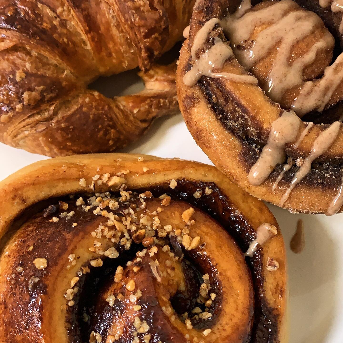 Freshly baked croissants, cinnamon buns &amp; chocolate praline swirls ready and waiting to be enjoyed warm with a big cup of coffee ☕️