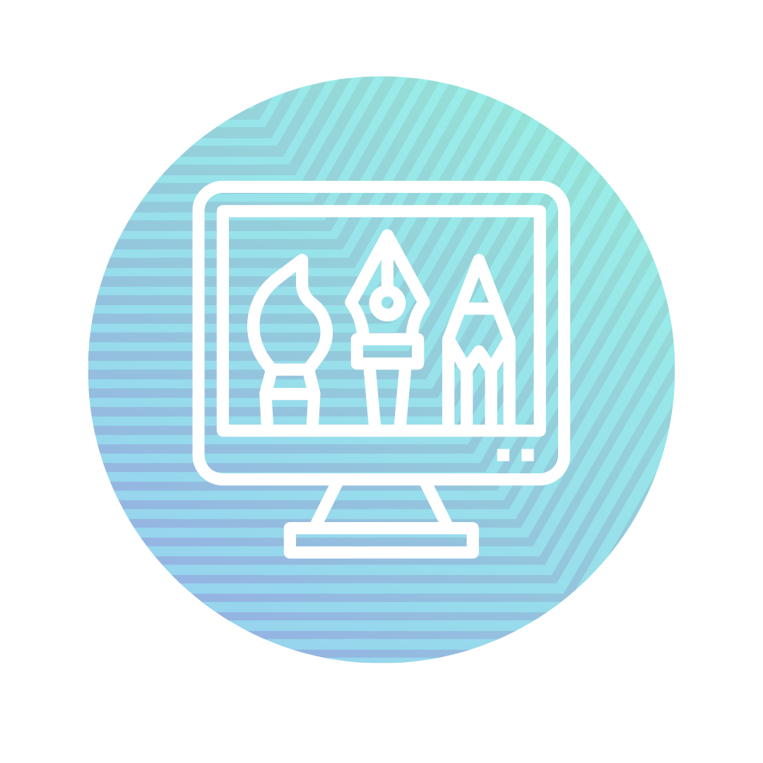 Outline icon of a computer monitor displaying three drawing or painting tools on a blue circular background with striped pattern.