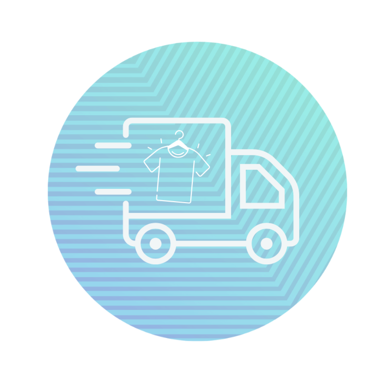 Icon with delivery truck that has a T-shirt on a hanger as its logo.