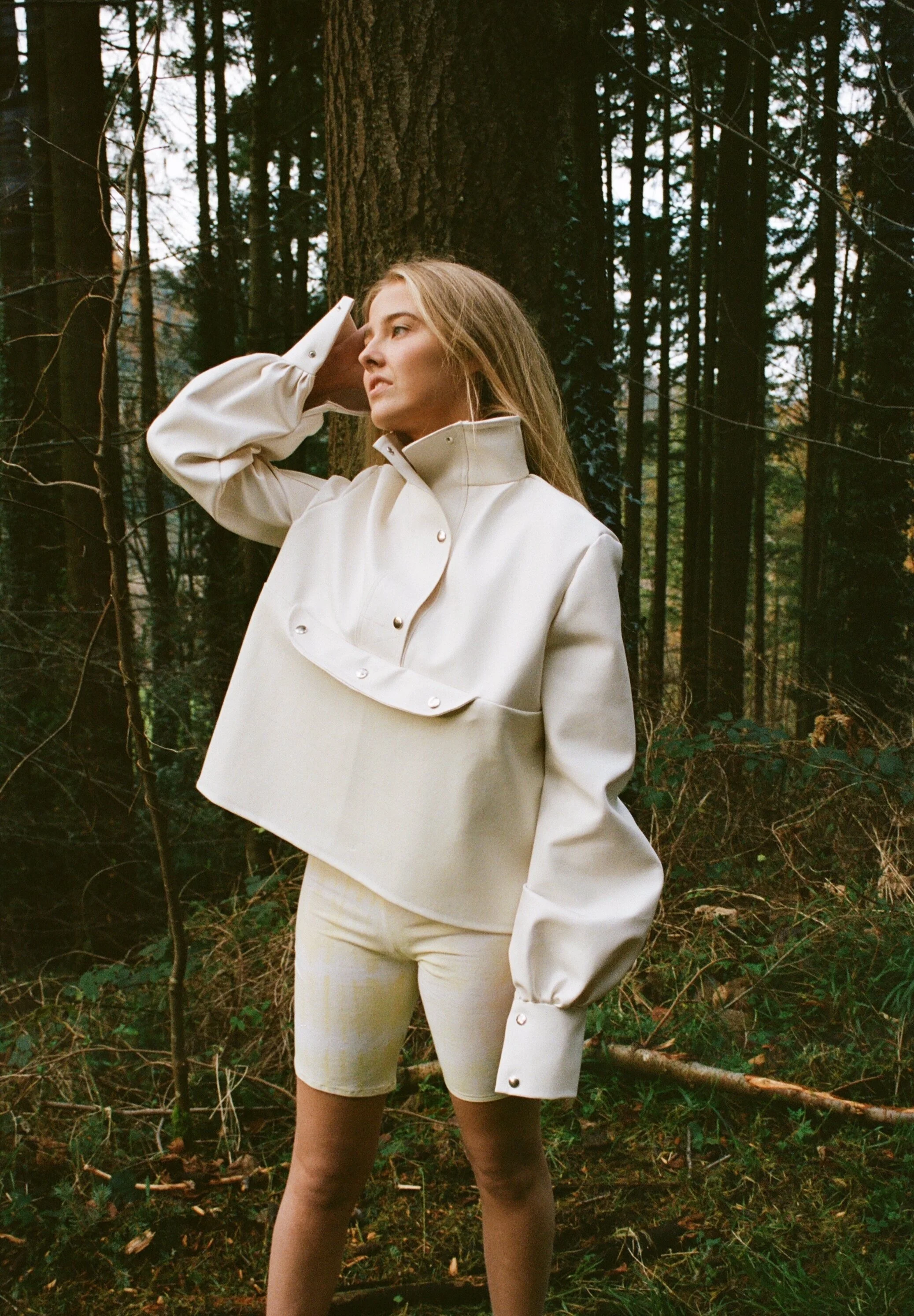 Faux leather anorak with naturally turmeric dyed bamboo jersey short.