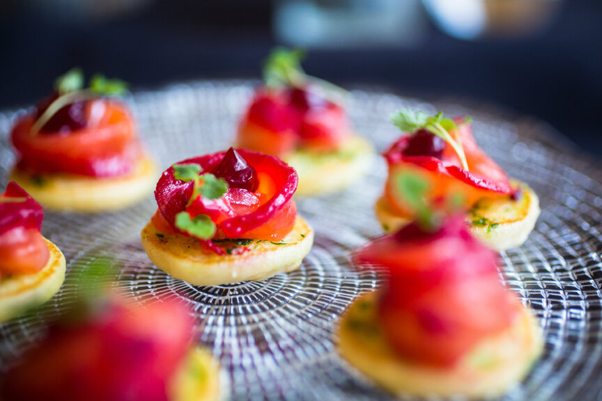 One Dining - Beetroot Cured Salmon Blini