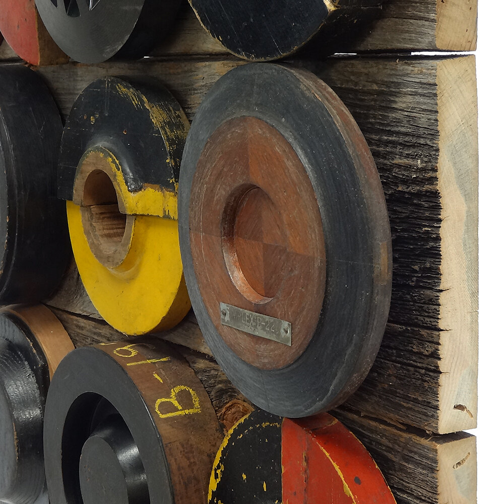 Vintage Wall Art with Large Wooden Foundry Molds Features Decades-Old Original Paint