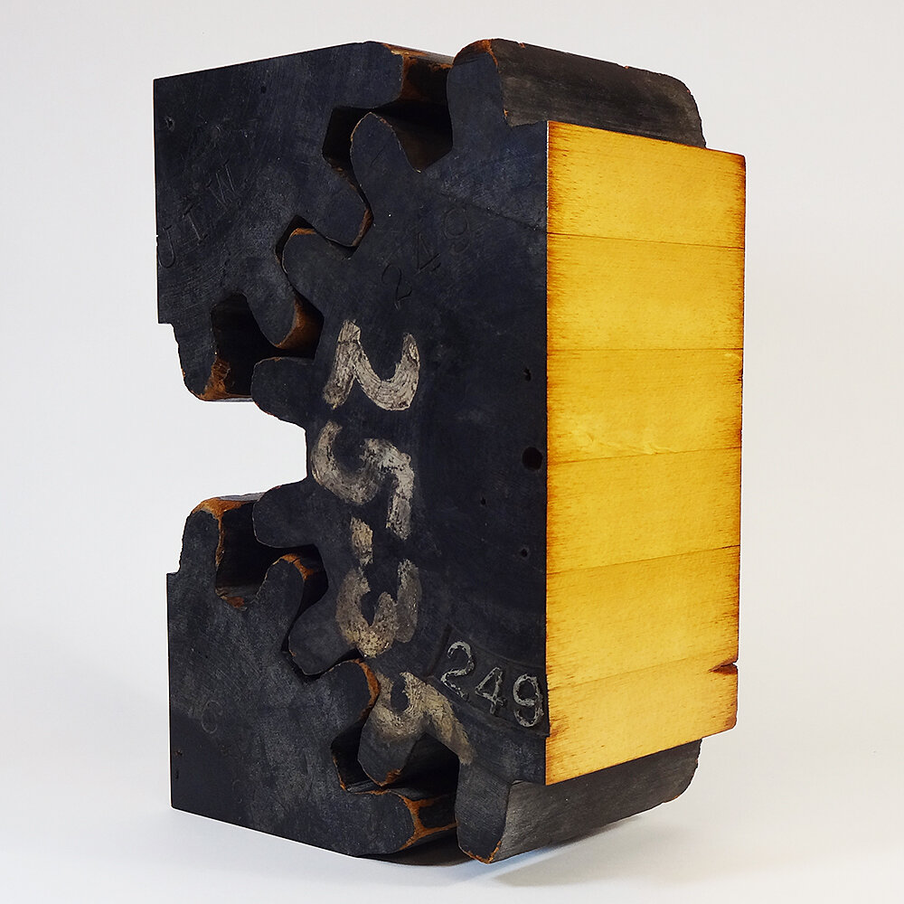 Industrial Wood Gear Mold Table Sculpture Shown from the Right