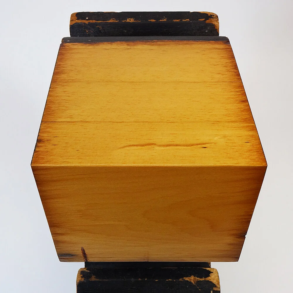 Industrial Wood Gear Mold Table Sculpture is Made Up of Multiple Pine Layers