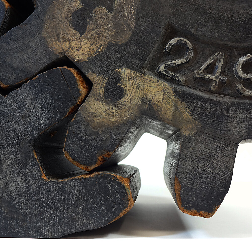 Industrial Wood Gear Mold Table Sculpture Closeup