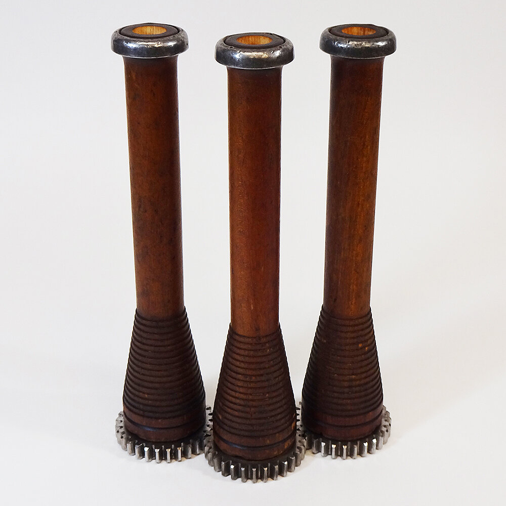 Three Industrial Beehive Bobbin Candlesticks