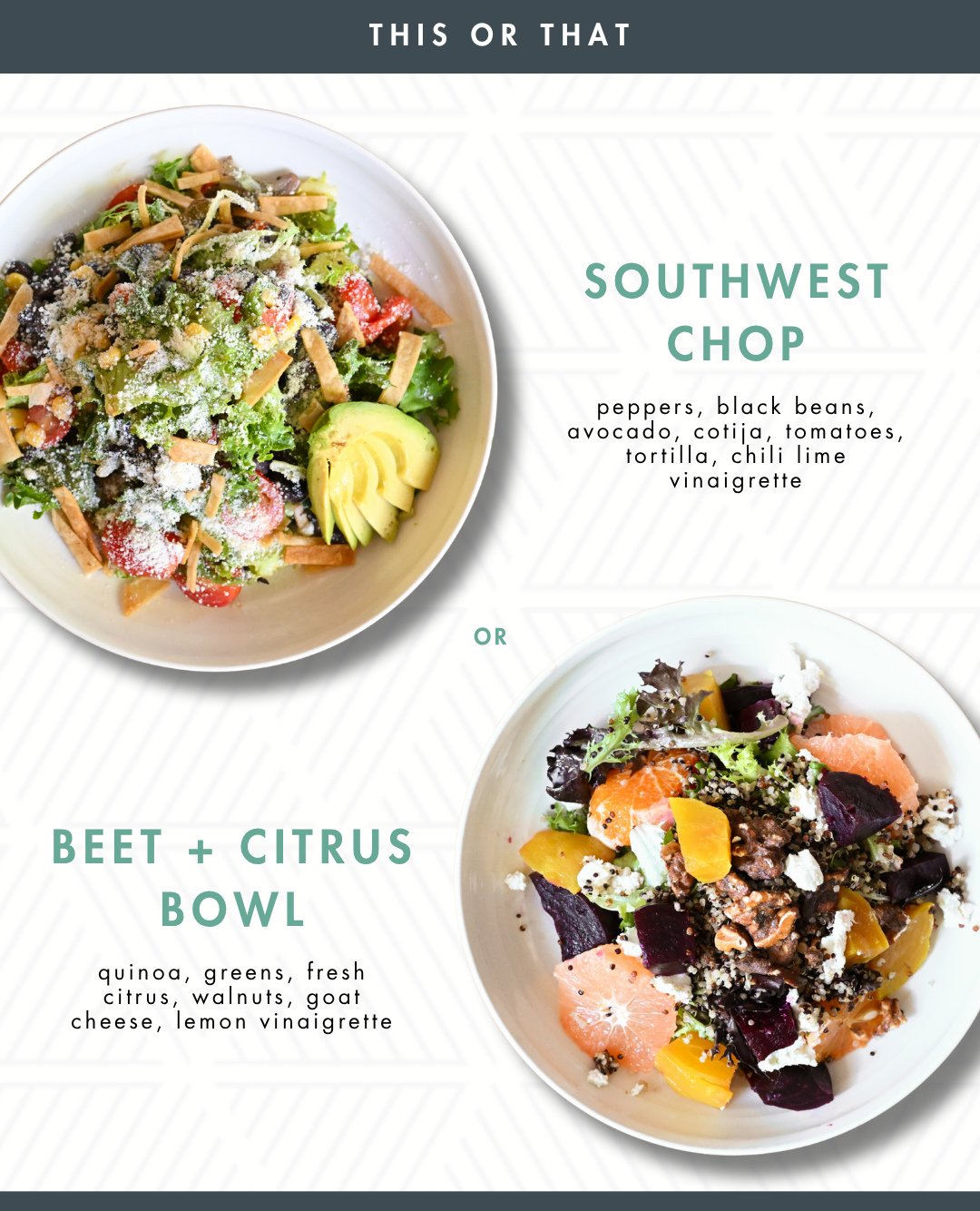 Light, fresh, and perfect for a mid-day catch-up! ✨🥗 Craving the zest of our Southwest Chop or the freshness of our Beet + Citrus Bowl? Leave a comment below! #CottageWellesley