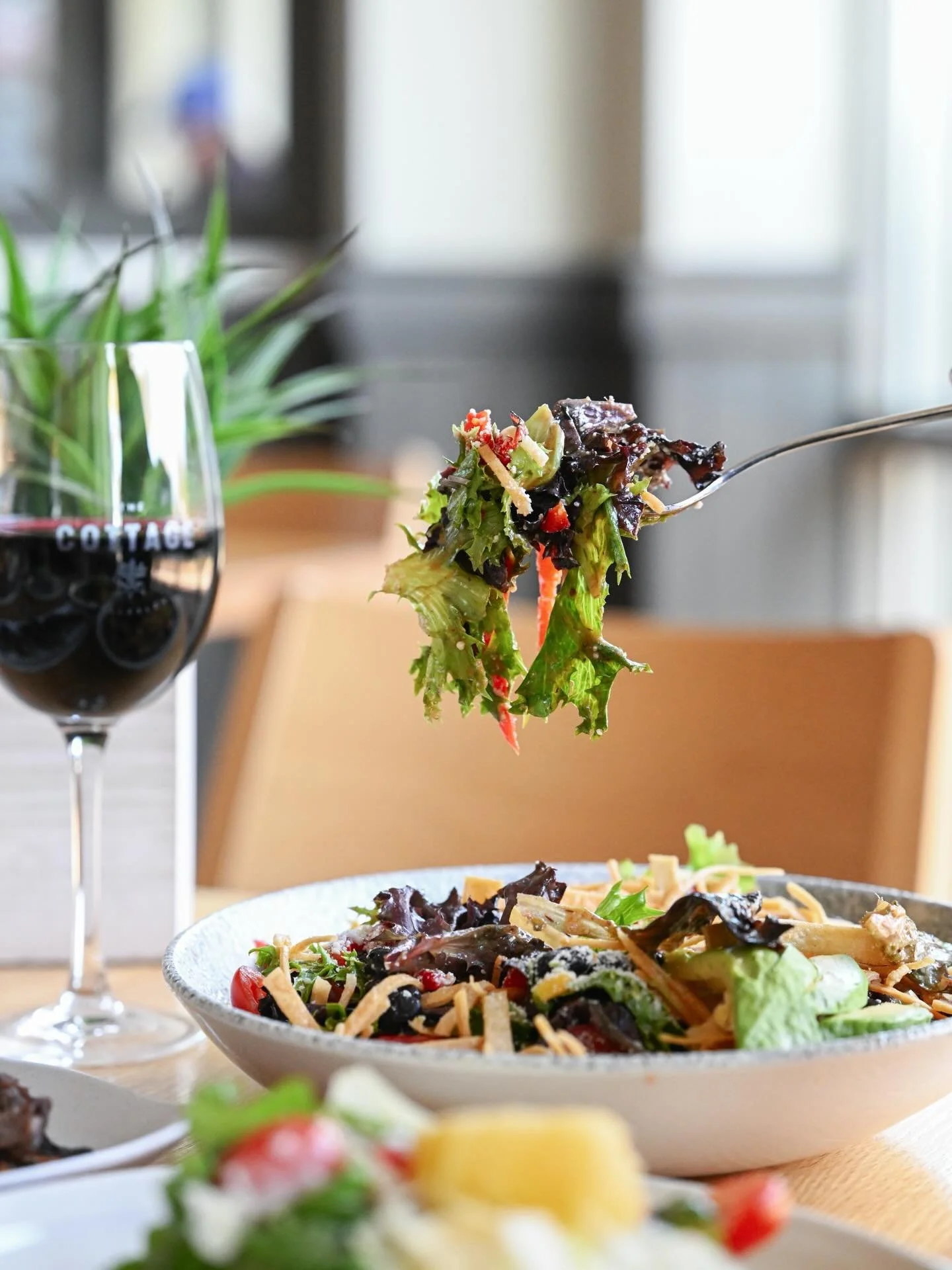 Balance: a crisp salad in one hand, a glass of wine in the other. 🥗🍷