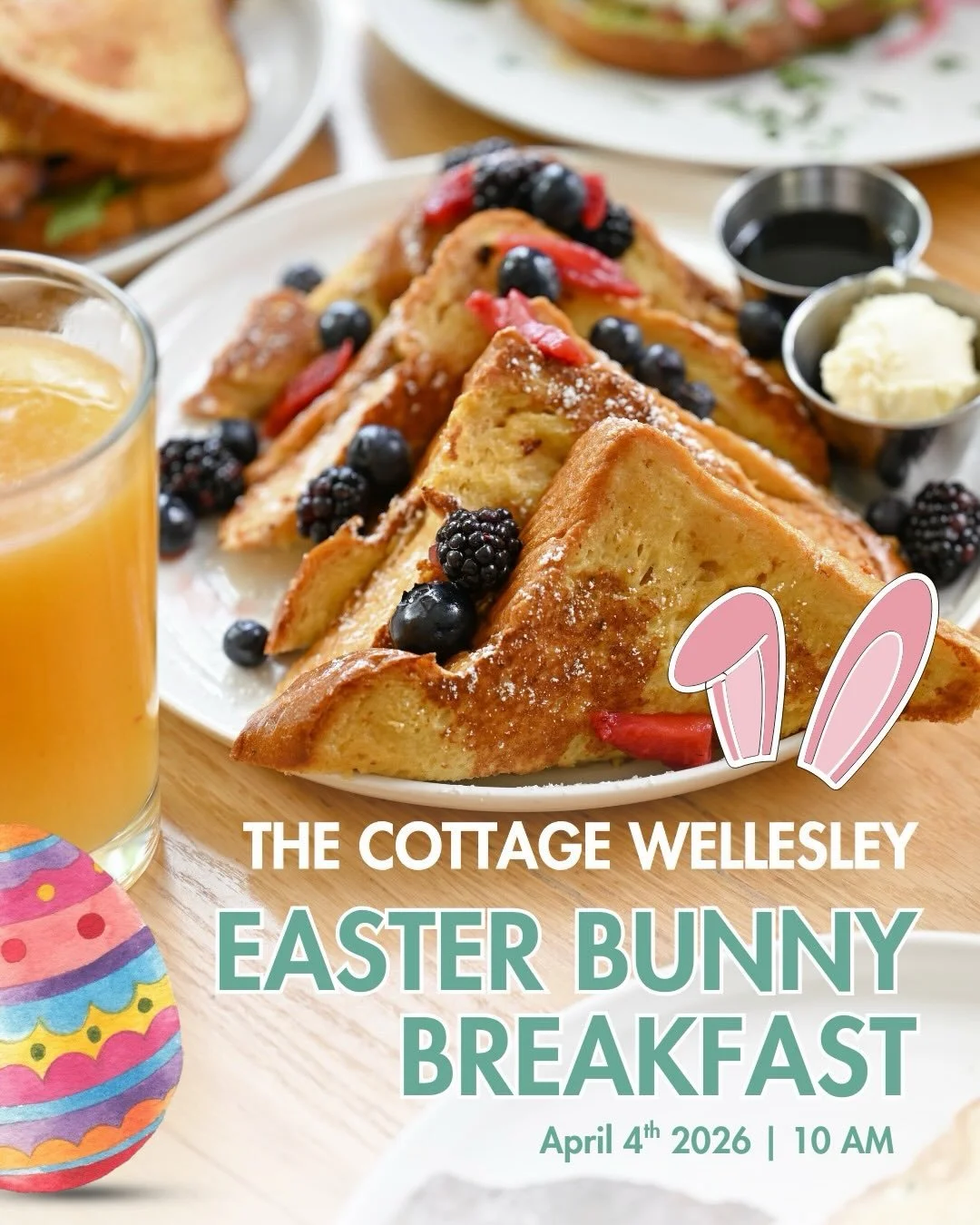 Hop into Easter with us at The Cottage 🐰🌸

Join us Saturday, April 4 at 10AM for our annual Easter Bunny Breakfast, a family-friendly morning featuring a festive brunch buffet and photos with the Easter Bunny.

Enjoy a spread of pancakes, scrambled