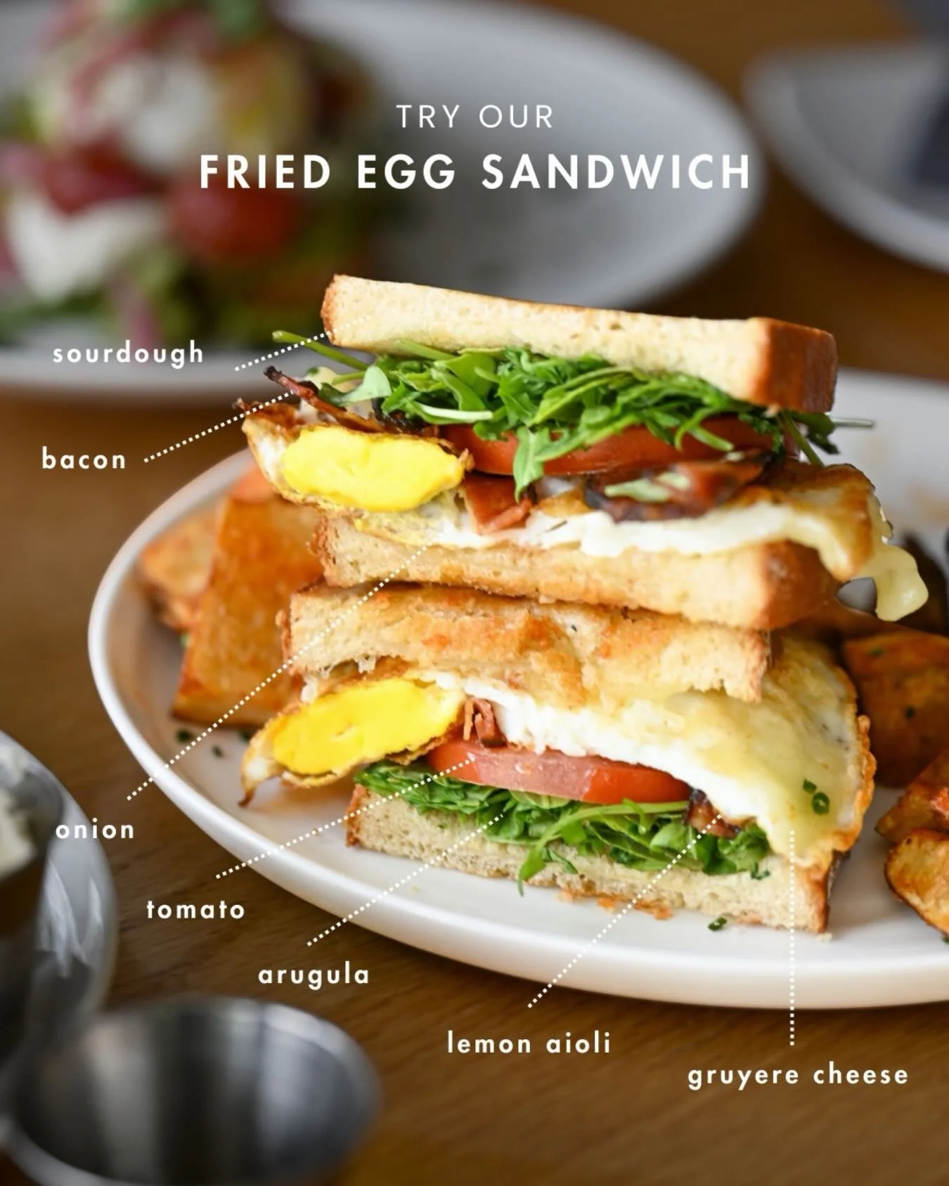 What&rsquo;s on the brunch menu? Our Fried Egg Sandwich - bacon, Gruy&egrave;re, tomato, arugula, onion, and lemon aioli on griddled sourdough!