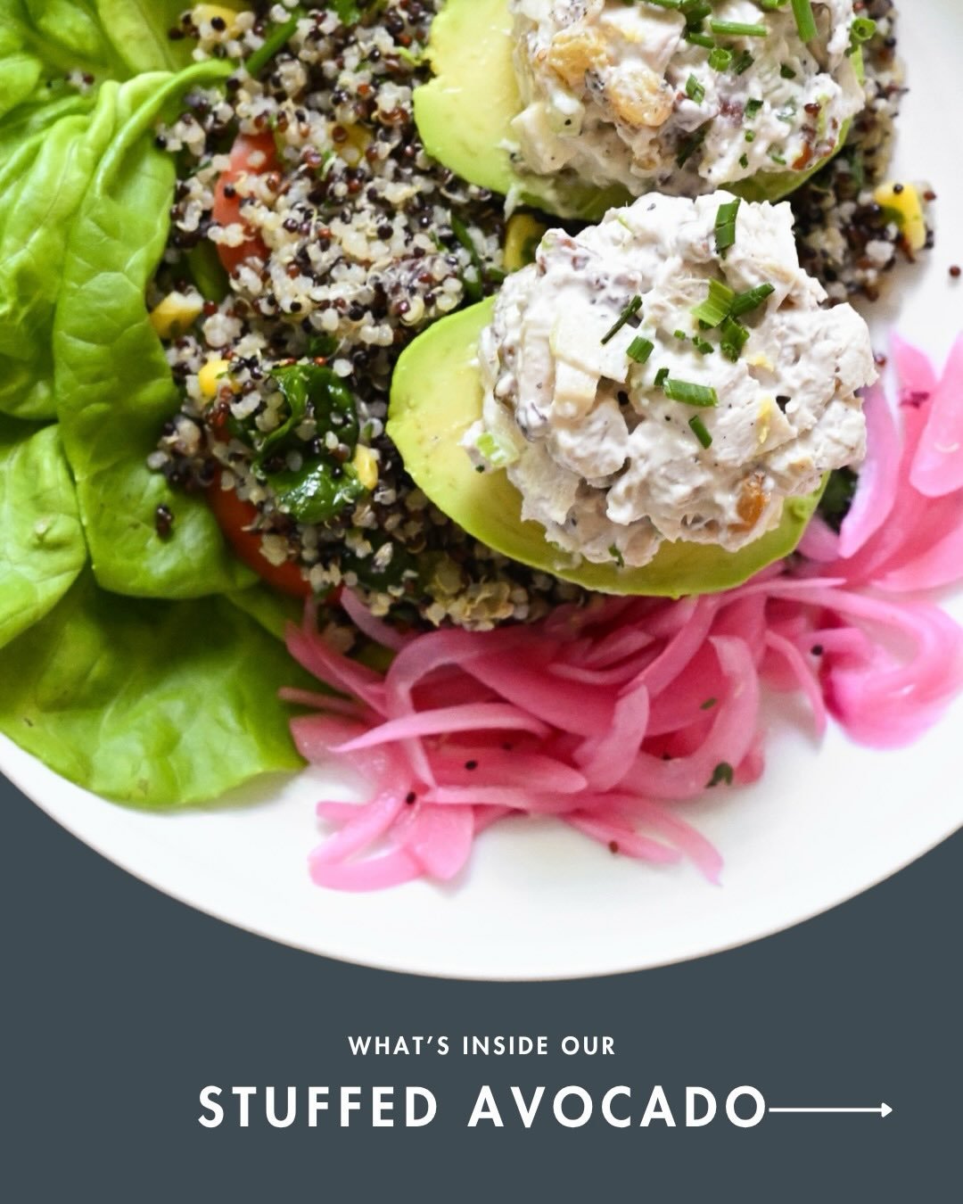 Health is wealth 🥑  Order a Stuffed Avocado for lunch at The Cottage. complete with lettuce, tomato, quinoa, lemon basil vinaigrette, and tuna or chicken salad. It is tasty and gluten free!