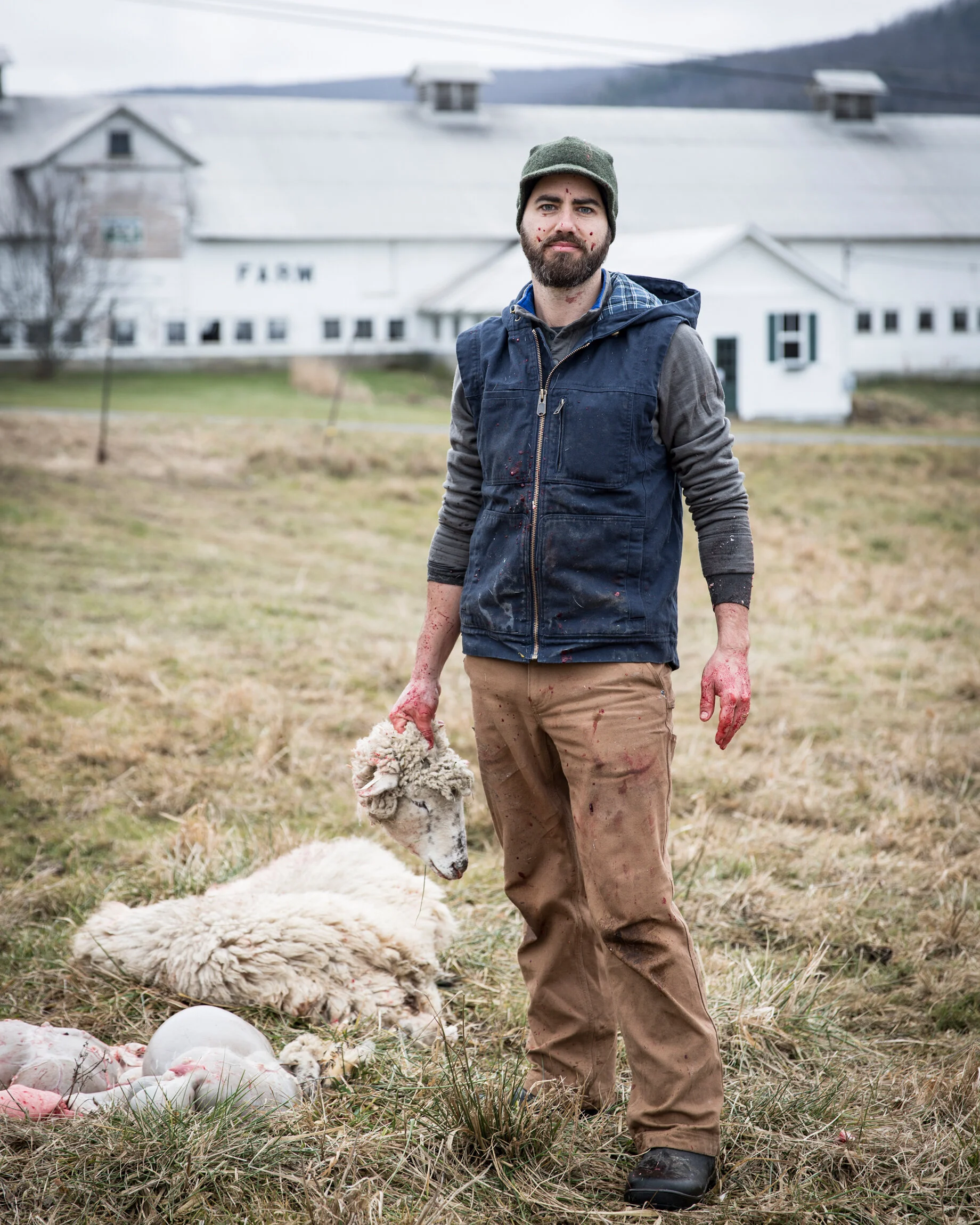 A man standing in a farm field holding a sheep's head with bloodstains on his hands and pants, with a dead sheep lying on the ground beside him and a barn in the background.