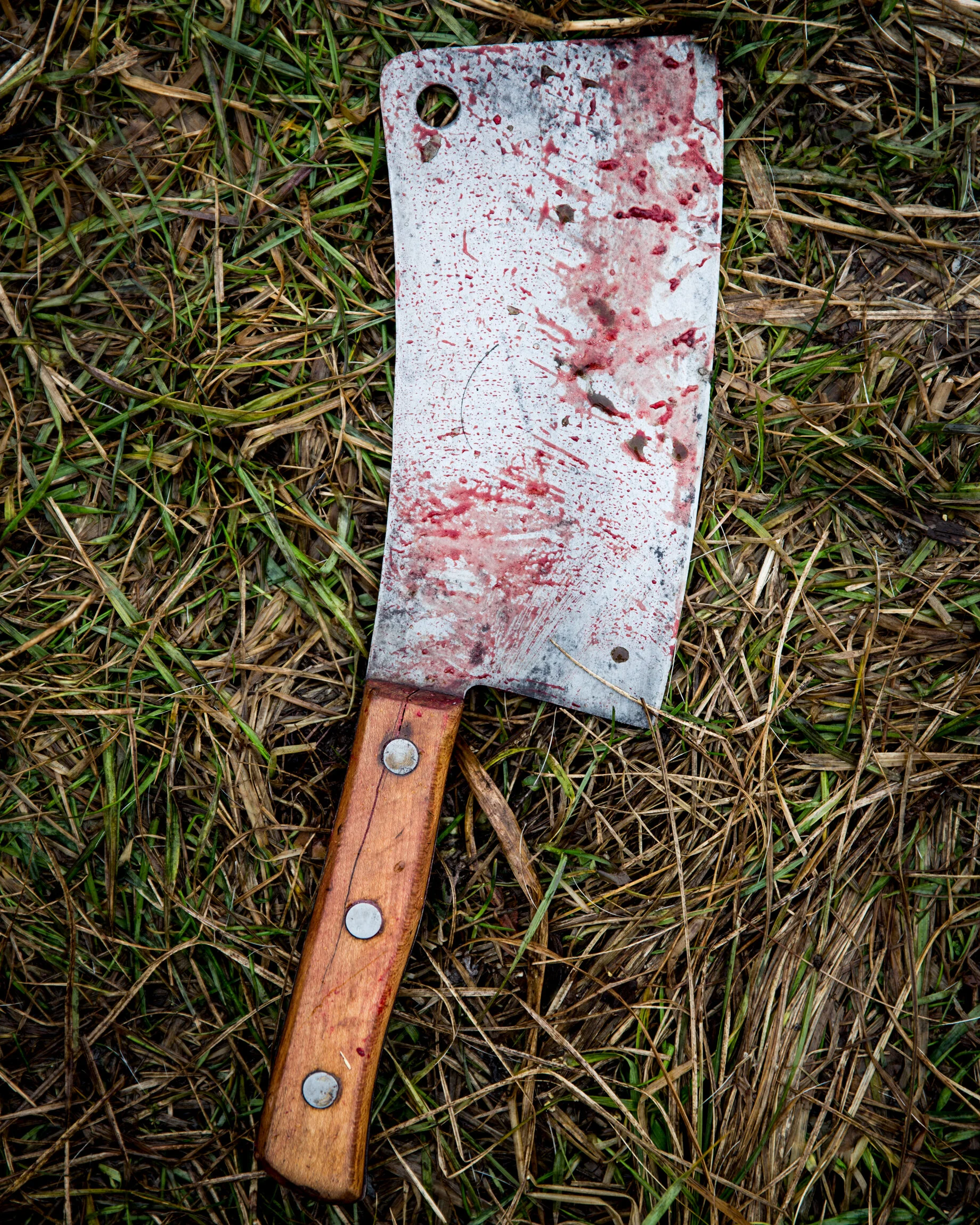 A blood-stained meat cleaver with a wooden handle laying on grass.