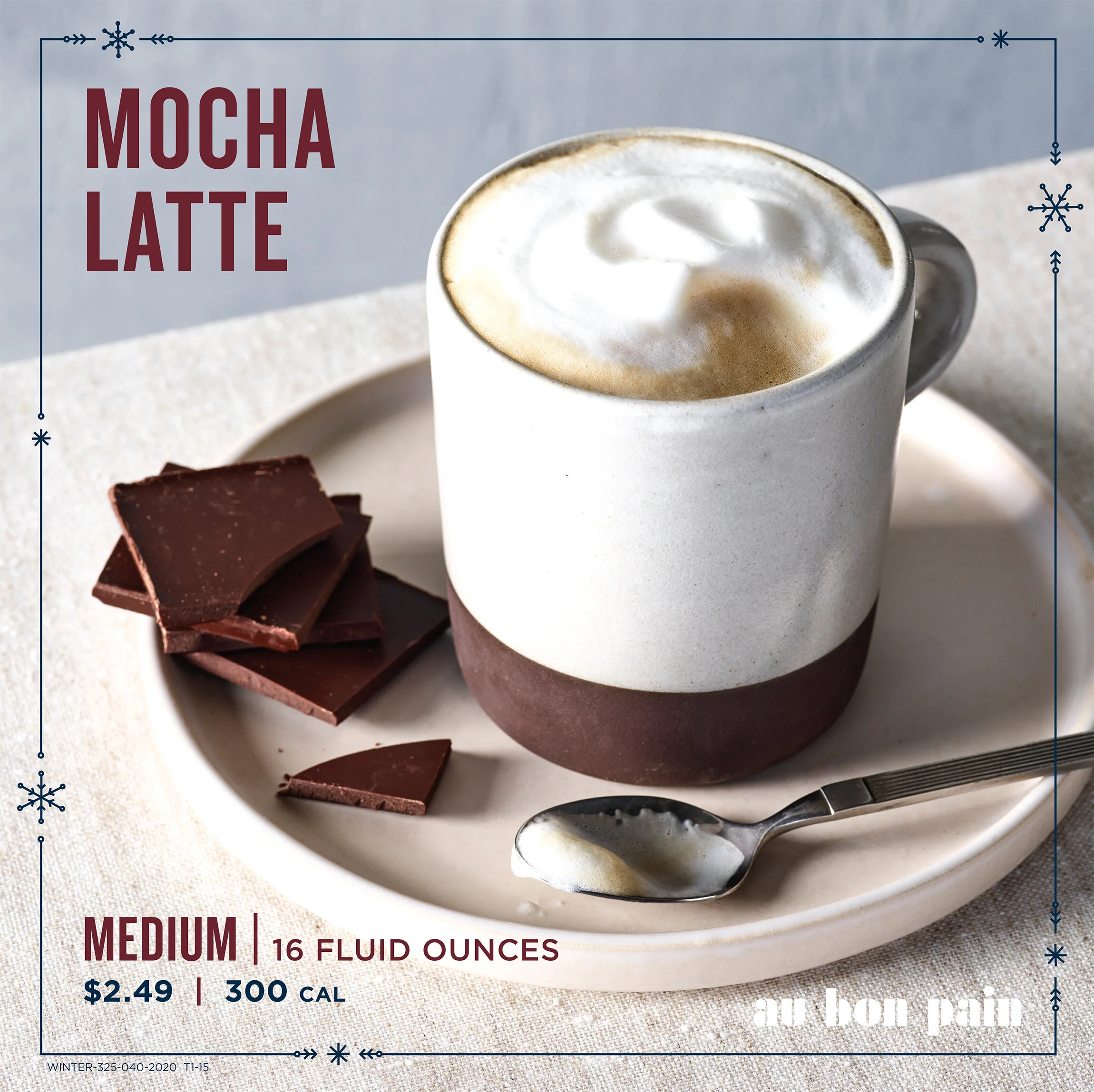 A mug of mocha latte with whipped cream on top, placed on a beige plate with pieces of dark chocolate and a spoon, set on a light-colored table. Text overlay indicates it's a medium size, 16 fluid ounces, costing $2.49 with 300 calories.