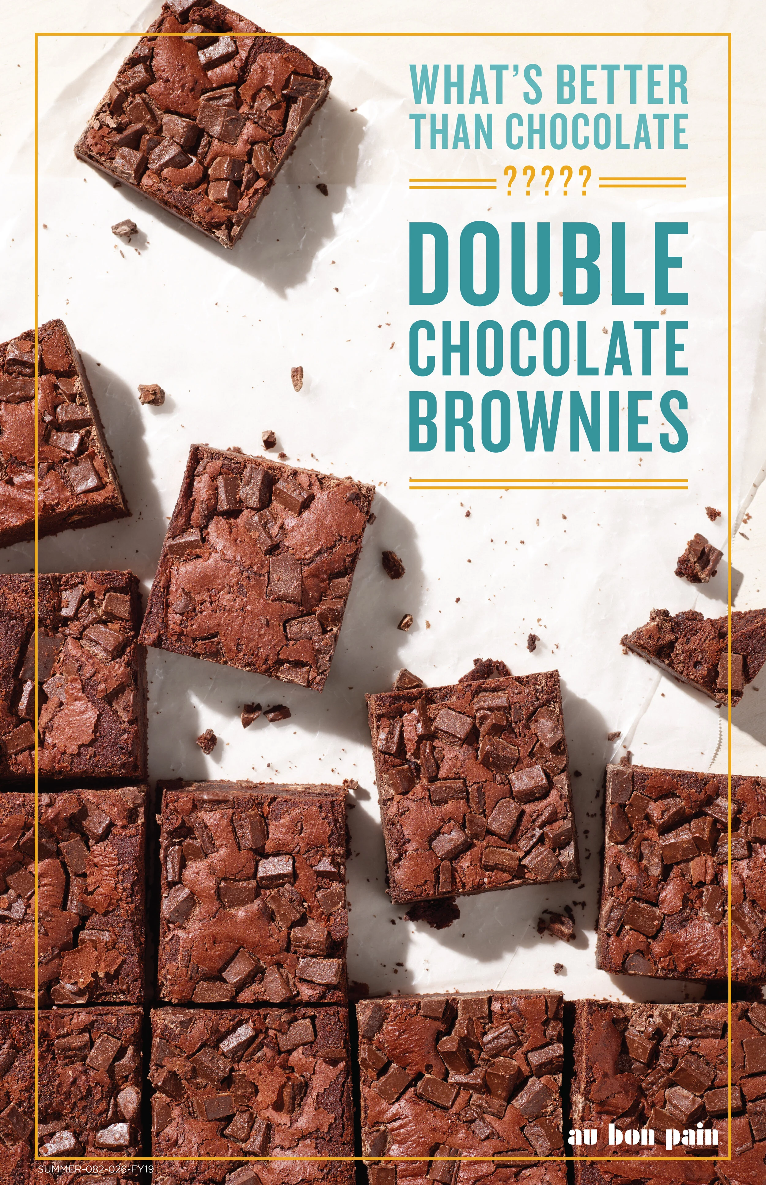 Several double chocolate brownies scattered on parchment paper with a text overlay that reads, 'What’s better than chocolate? Double chocolate brownies.'