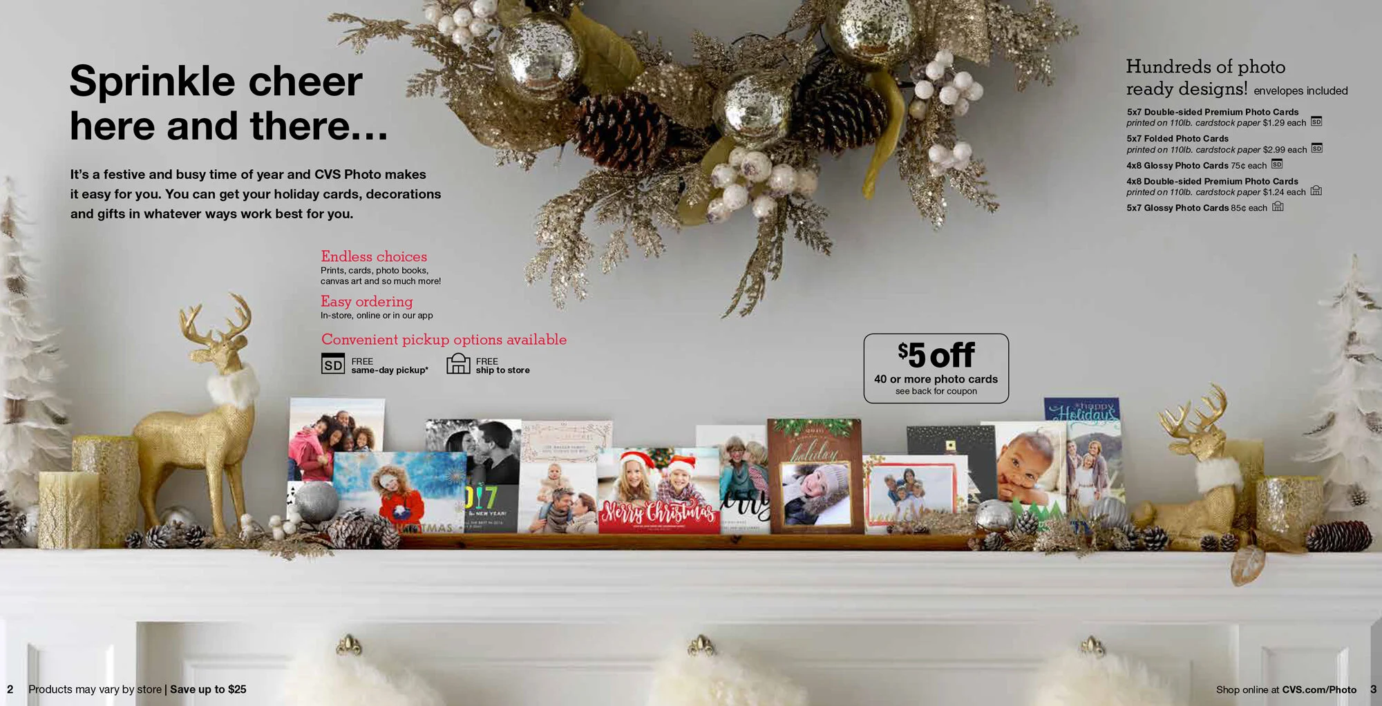 Decorative holiday display featuring a wreath with pinecones, ornaments, and berries, along with a row of holiday cards and a gold reindeer figurine on a white mantel.