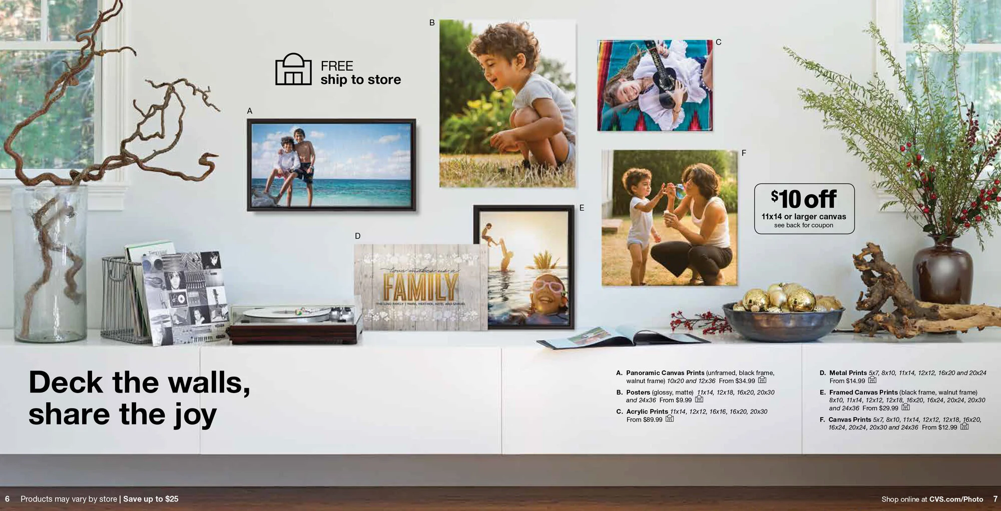 A spread from a brochure for CVS. Decorative wall with framed photos of children and family, vinyl record player, magazines, and a promotional sign offering $10 off on canvas prints.
