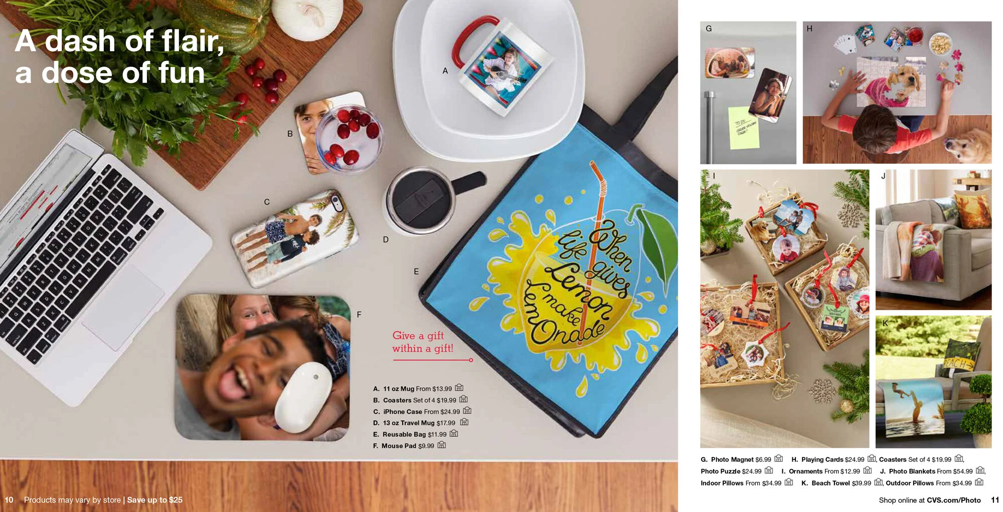 A spread from a brochure for CVS.  Christmas decorations and personalized gifts. The scene includes a quote on a tote bag that says, 'When life gives you lemons, make lemonade.'