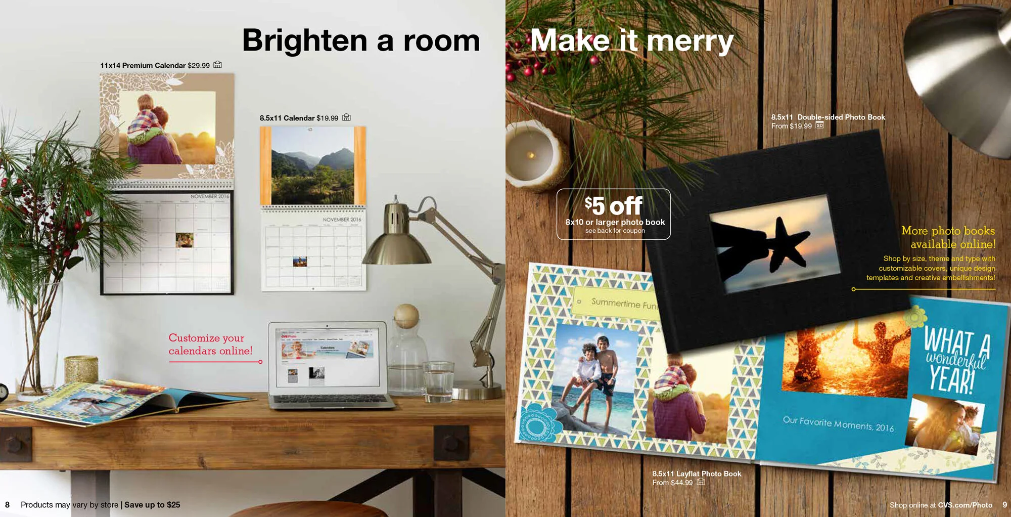 A spread from a brochure for CVS. The left side shows a desk with a laptop, calendars, a desk lamp, and a plant. The right side displays different photo books and a promotional offer for photo books.