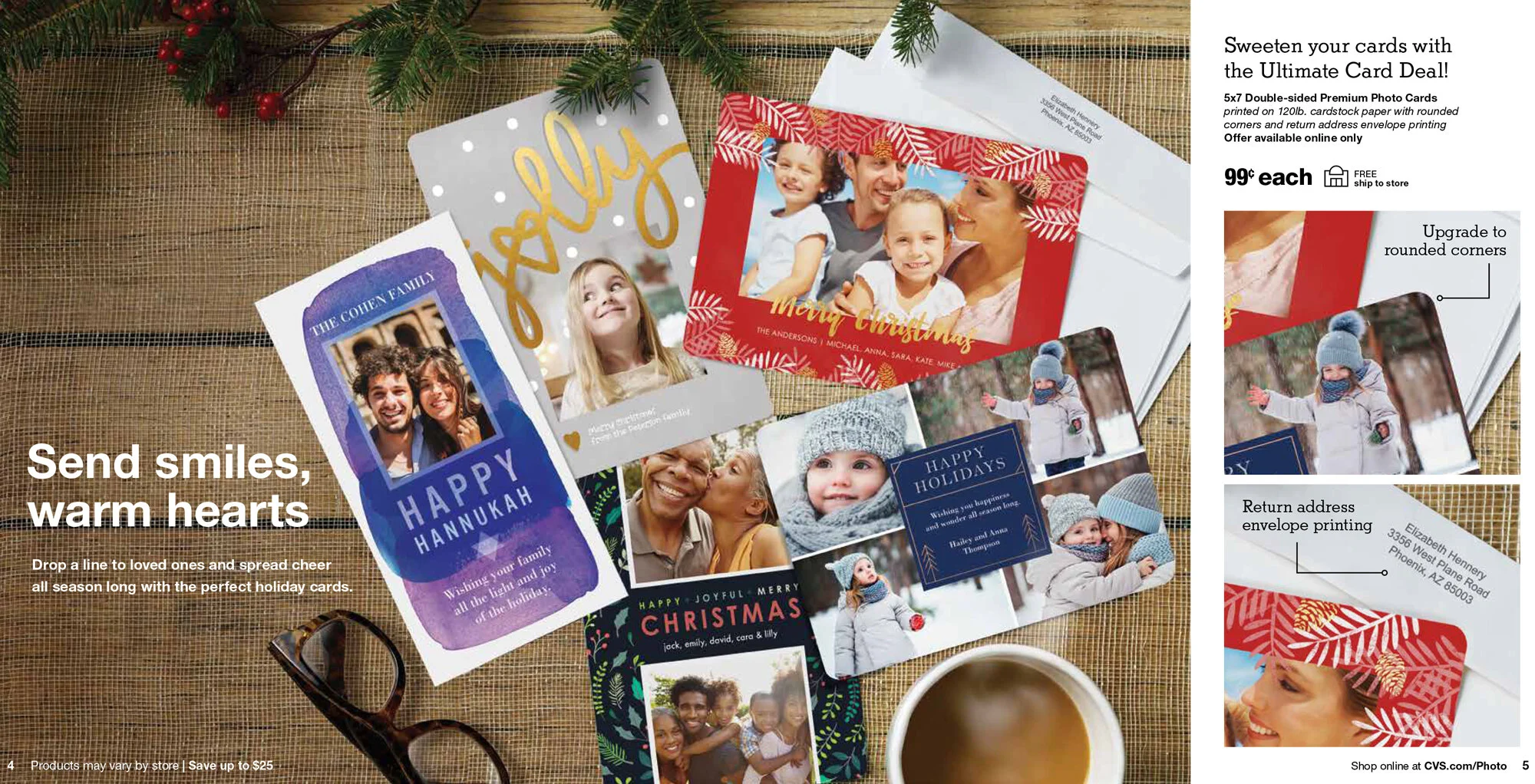 A brochure for CVS. A flat lay of colorful holiday greeting cards featuring family photos, Christmas and holiday themes, and festive designs spread on a wooden surface with a cup of coffee, a pair of glasses, and sprigs of pine and berries.